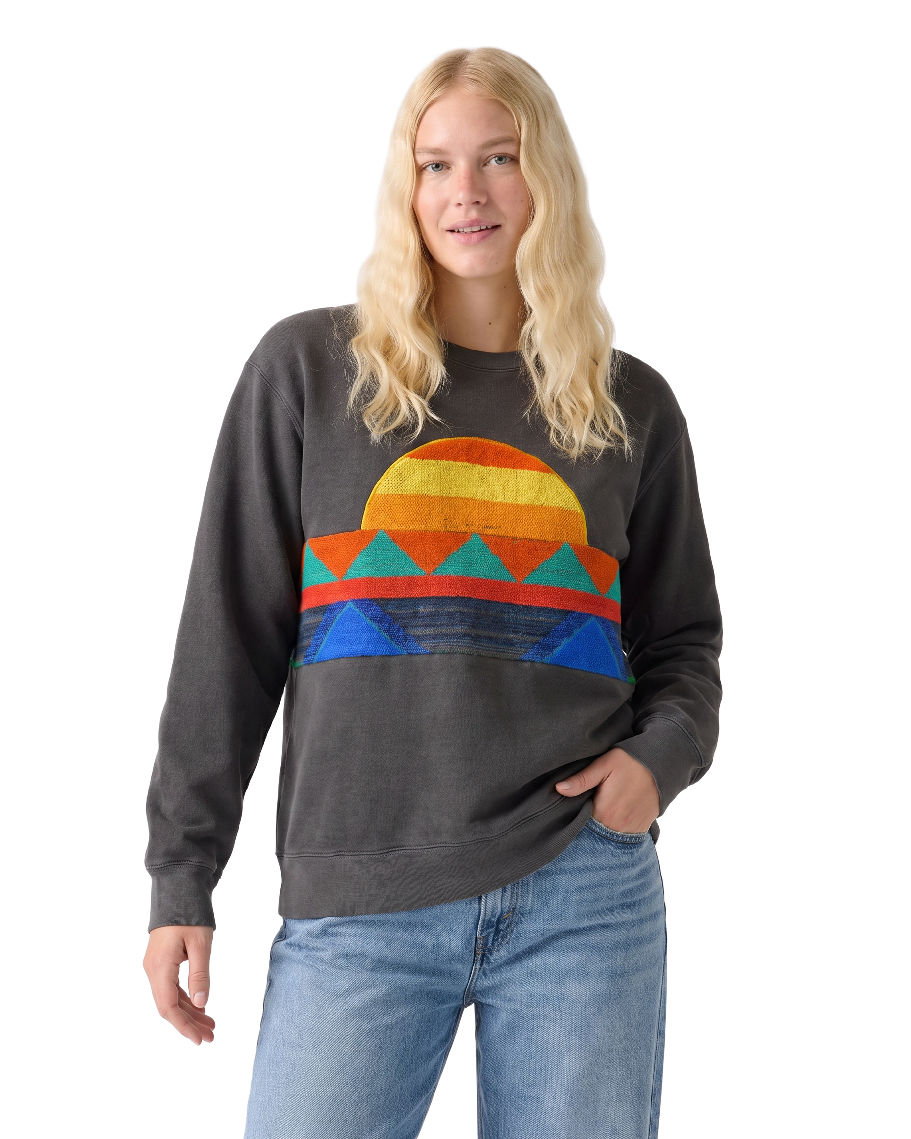 Medium Pepper Sunset Chaser "Geometric Sunrise" — one-of-a-kind upcycled vintage beach towel sweatshirt, handmade by Kspek, view 2