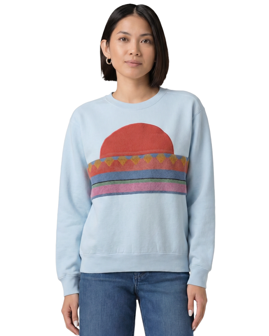 Small Aqua Sunset Chaser "Beachfront Bliss" — one-of-a-kind upcycled vintage beach towel sweatshirt, handmade by Kspek