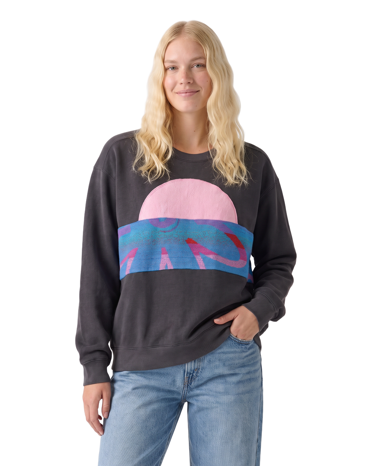 Medium Pepper Sunset Chaser "Pink Solar Arc" — one-of-a-kind upcycled vintage beach towel sweatshirt, handmade by Kspek, view 2