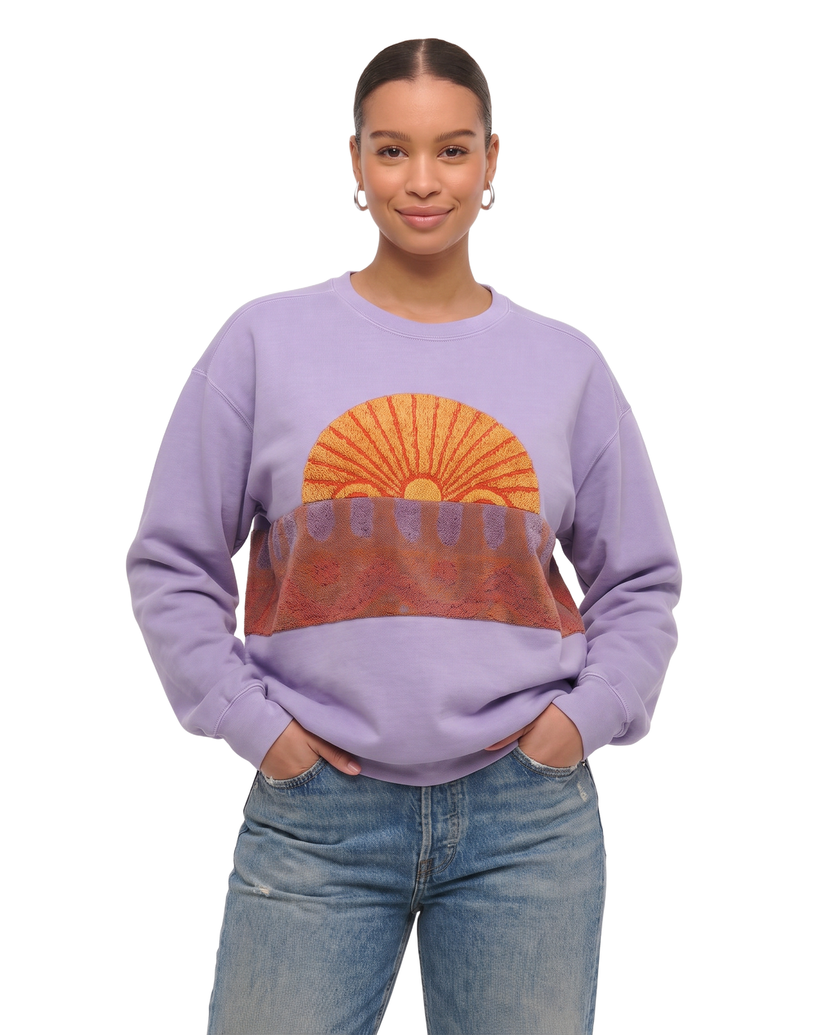 Large Lavender Sunset Chaser "Radiant Horizon" — one-of-a-kind upcycled vintage beach towel sweatshirt, handmade by Kspek, view 2