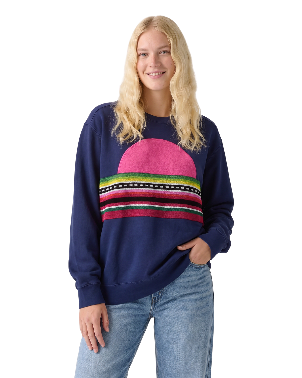 Medium Navy Sunset Chaser "Rainbow Horizon" — one-of-a-kind upcycled vintage beach towel sweatshirt, handmade by Kspek, view 2