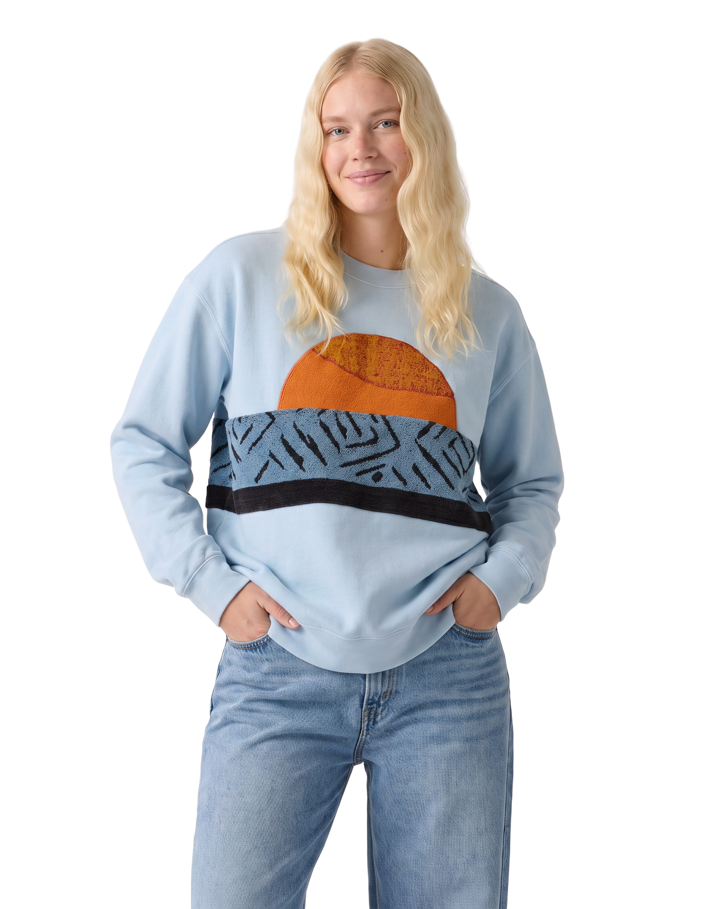 Medium Aqua Sunset Chaser "Ocean Horizon Escape" — one-of-a-kind upcycled vintage beach towel sweatshirt, handmade by Kspek, view 2