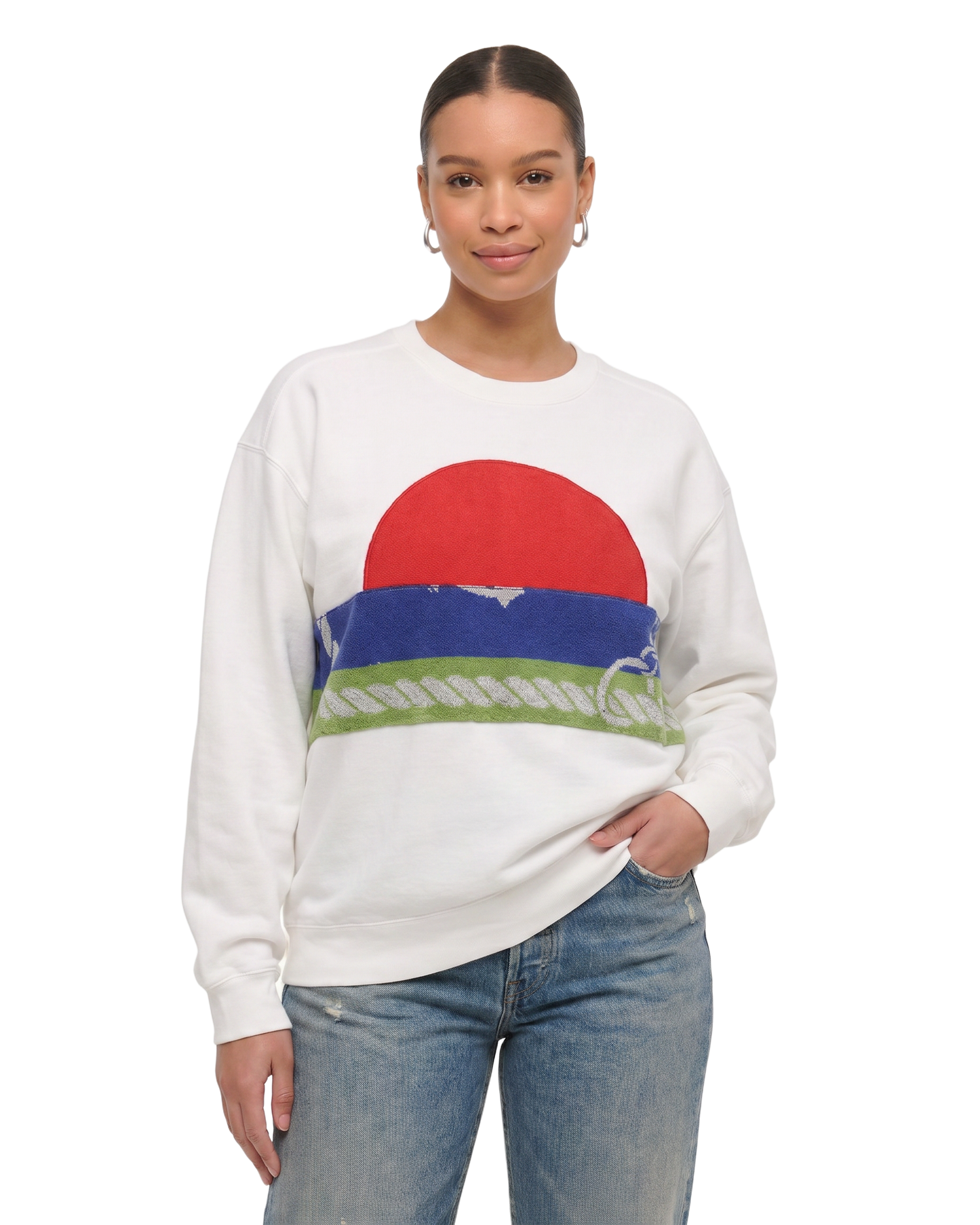 Large White Sunset Chaser "Seaside Sway" — one-of-a-kind upcycled vintage beach towel sweatshirt, handmade by Kspek