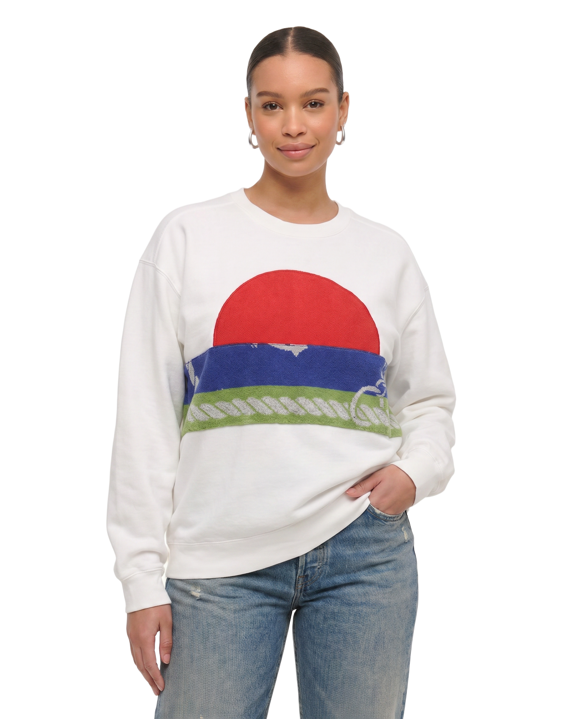 Large White Sunset Chaser "Seaside Sway" — one-of-a-kind upcycled vintage beach towel sweatshirt, handmade by Kspek