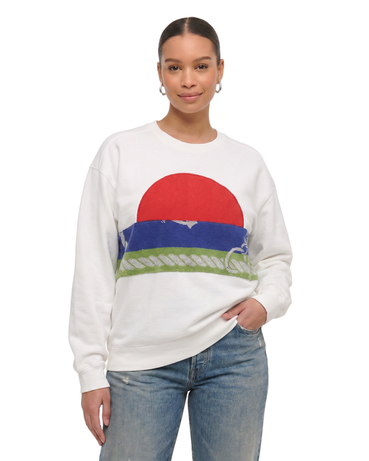 Large White Sunset Chaser "Seaside Sway" — one-of-a-kind upcycled vintage beach towel sweatshirt, handmade by Kspek