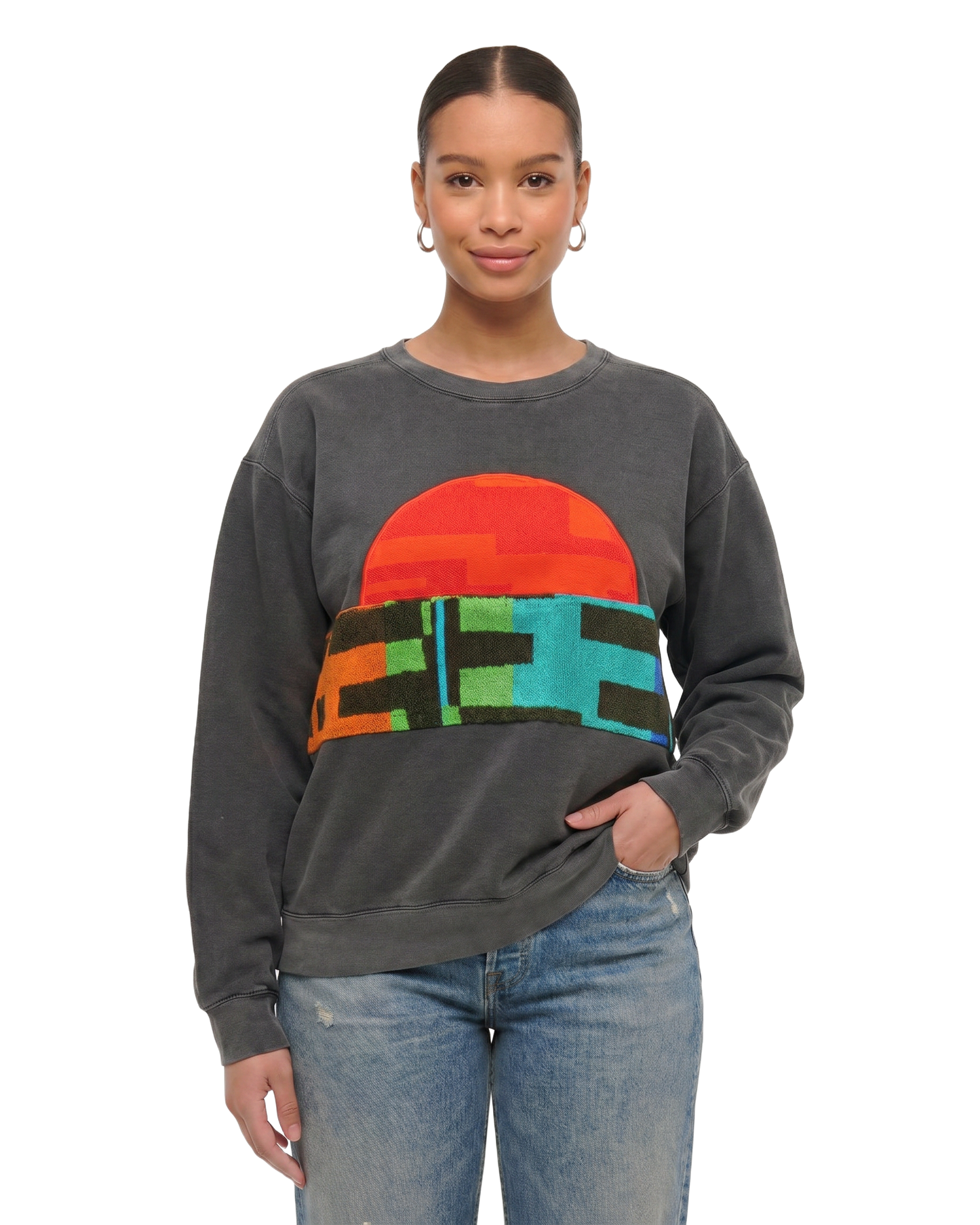 Large Pepper Sunset Chaser "Retro Horizon" — one-of-a-kind upcycled vintage beach towel sweatshirt, handmade by Kspek