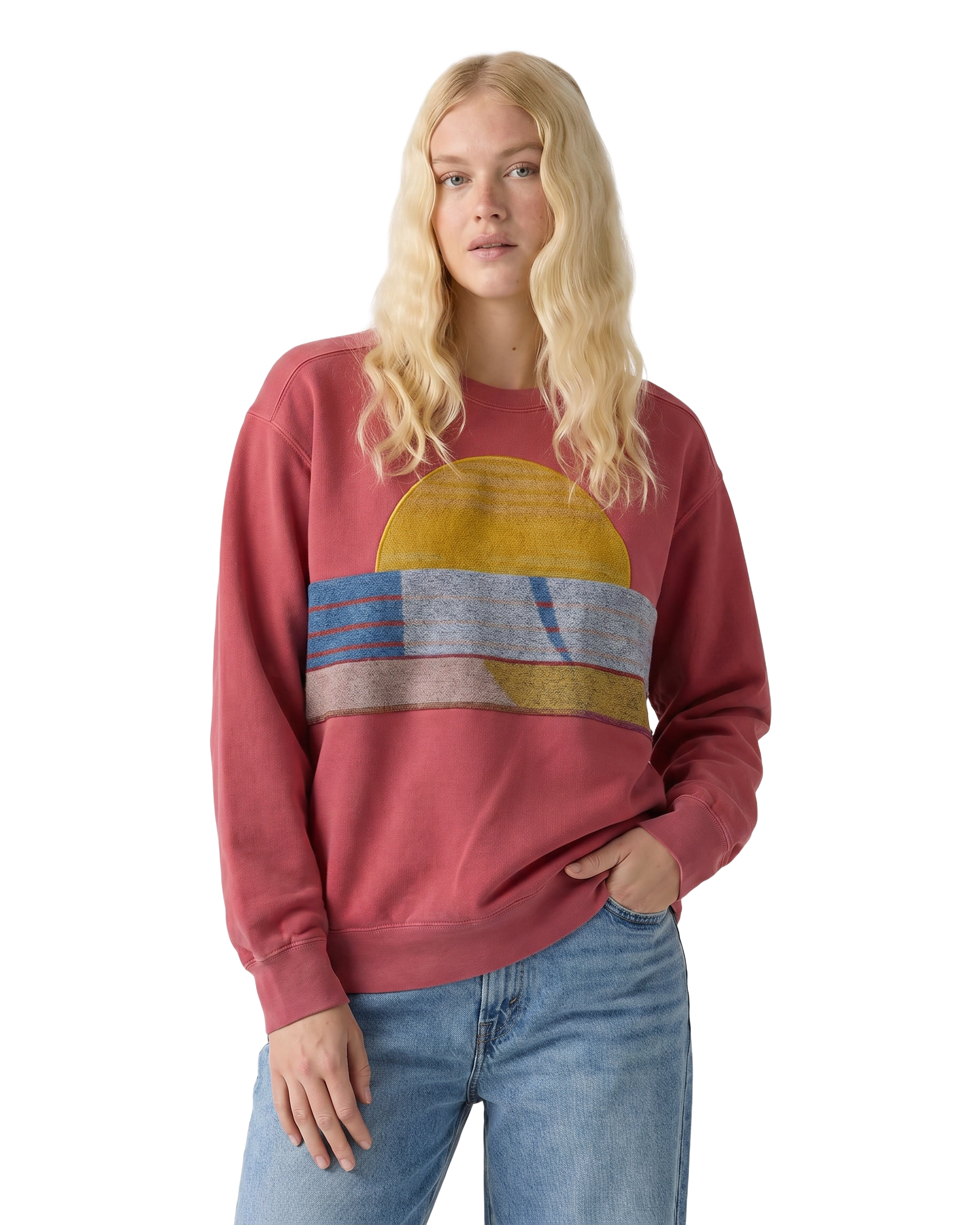 Medium Watermelon Sunset Chaser "Skyline Escape" — one-of-a-kind upcycled vintage beach towel sweatshirt, handmade by Kspek