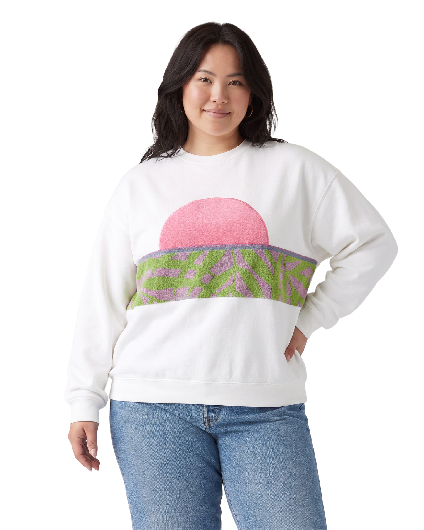 X-Large White Sunset Chaser "Tropical Sunrise" — one-of-a-kind upcycled vintage beach towel sweatshirt, handmade by Kspek, view 2