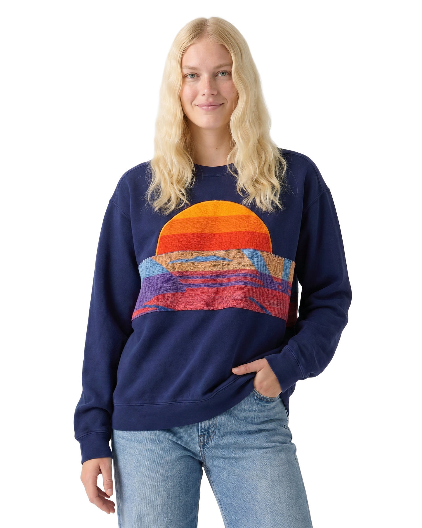 Medium Navy Sunset Chaser "Horizon Groove" — one-of-a-kind upcycled vintage beach towel sweatshirt, handmade by Kspek