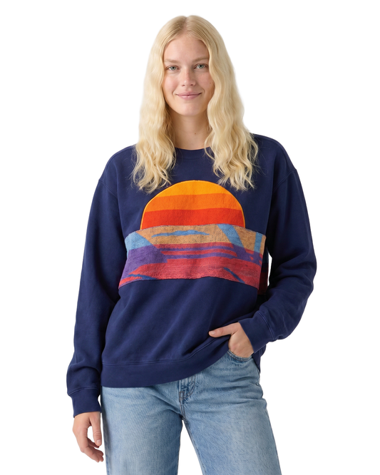 Medium Navy Sunset Chaser "Horizon Groove" — one-of-a-kind upcycled vintage beach towel sweatshirt, handmade by Kspek