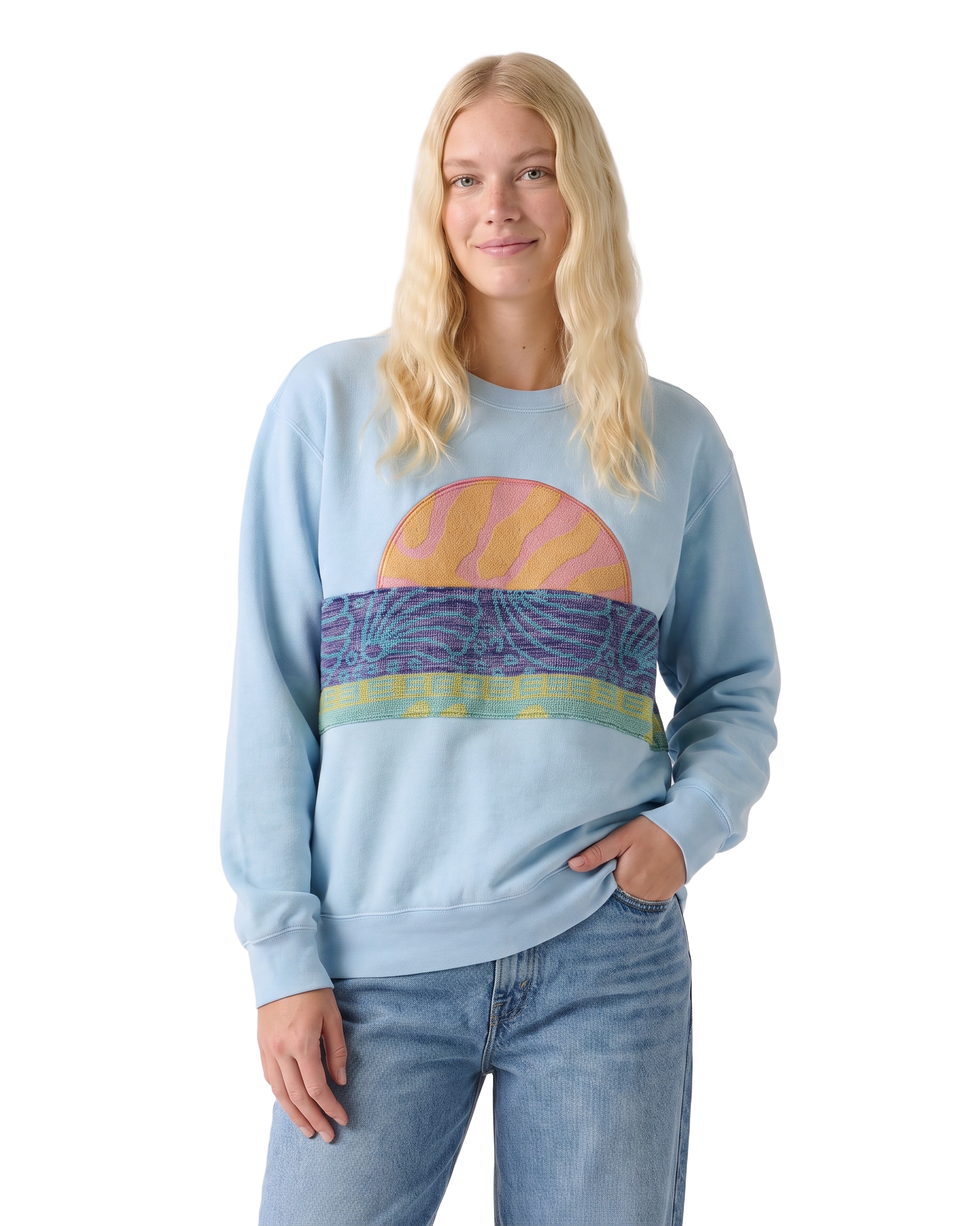 Medium Aqua Sunset Chaser "Horizon Bliss" — one-of-a-kind upcycled vintage beach towel sweatshirt, handmade by Kspek, view 2