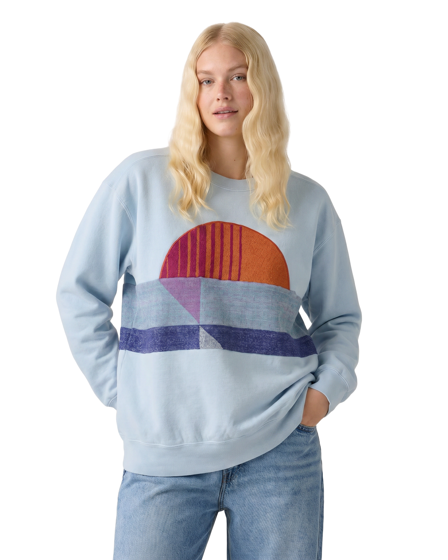 Medium Aqua Sunset Chaser "Sunrise Serenity" — one-of-a-kind upcycled vintage beach towel sweatshirt, handmade by Kspek