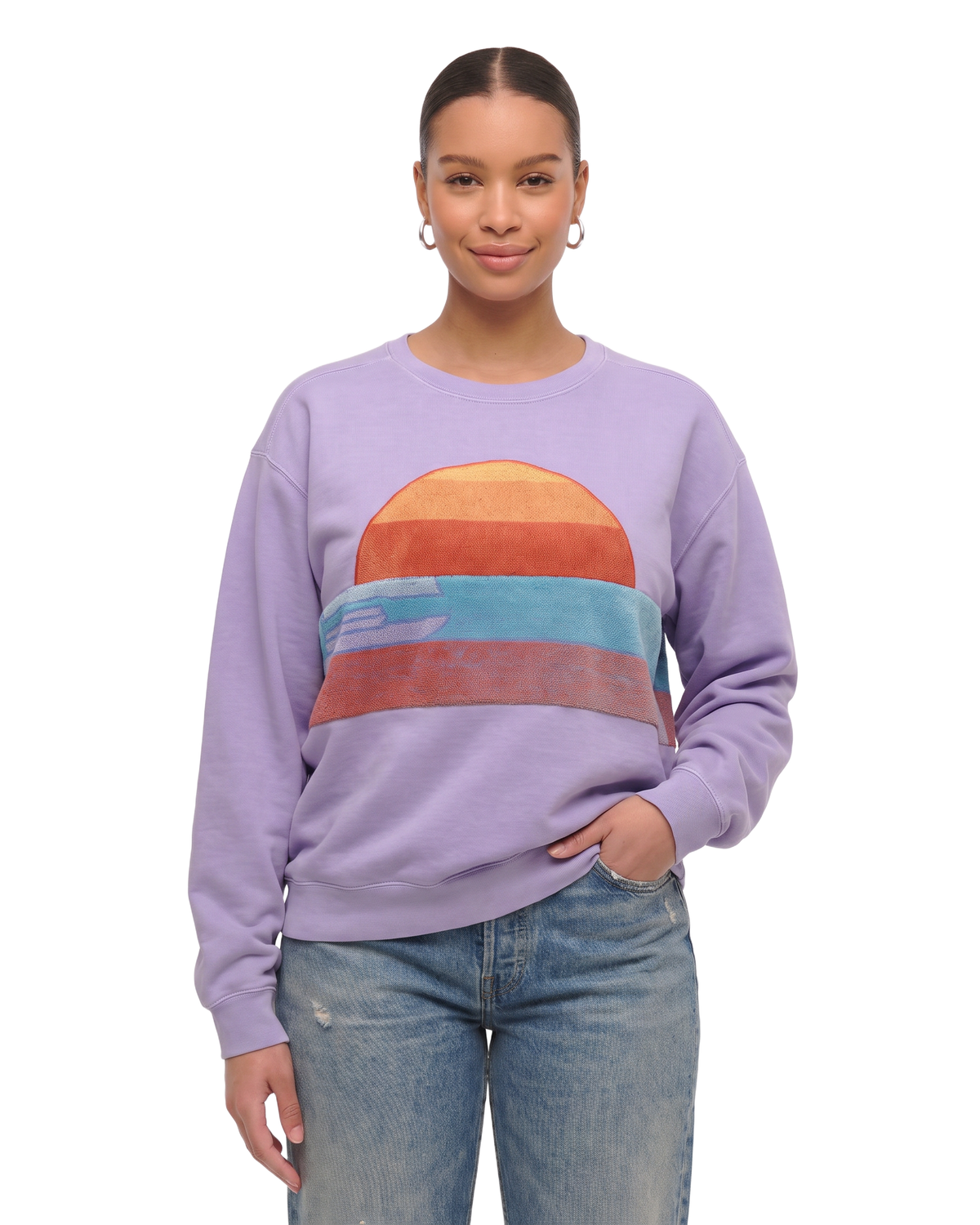 Large Lavender Sunset Chaser "Striped Ocean Drop" — one-of-a-kind upcycled vintage beach towel sweatshirt, handmade by Kspek, view 2
