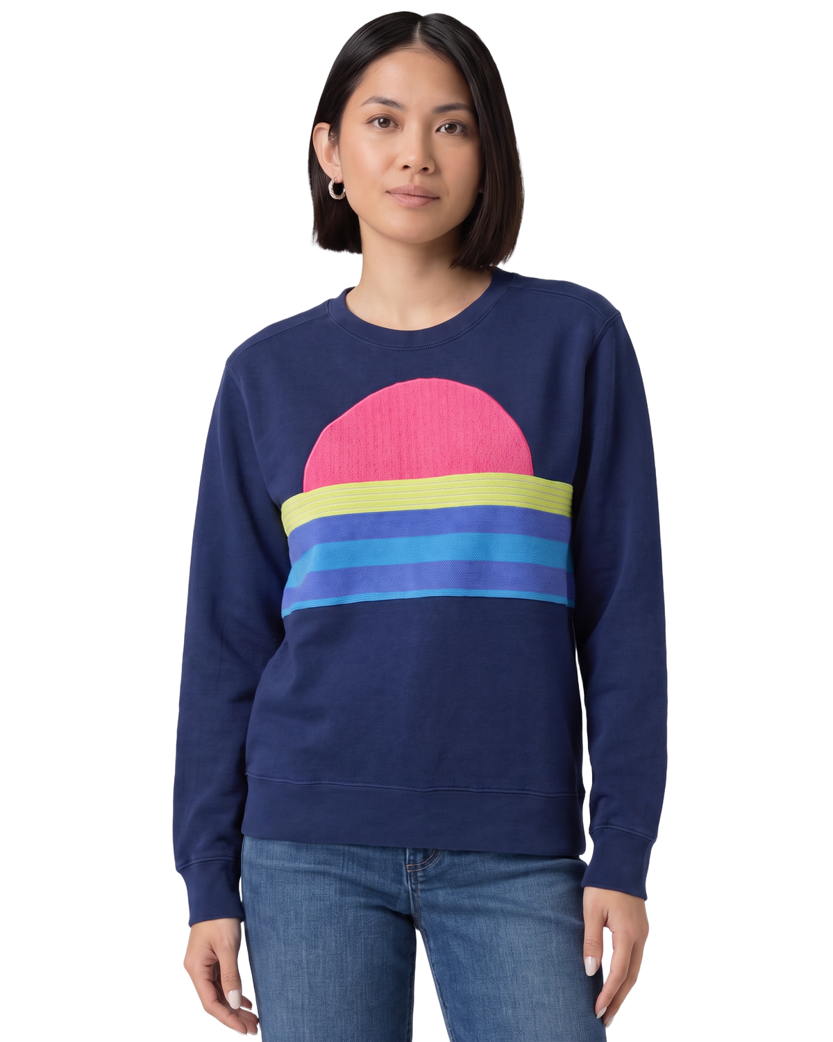 Small Navy Sunset Chaser "Neon Sundome" — one-of-a-kind upcycled vintage beach towel sweatshirt, handmade by Kspek, view 2