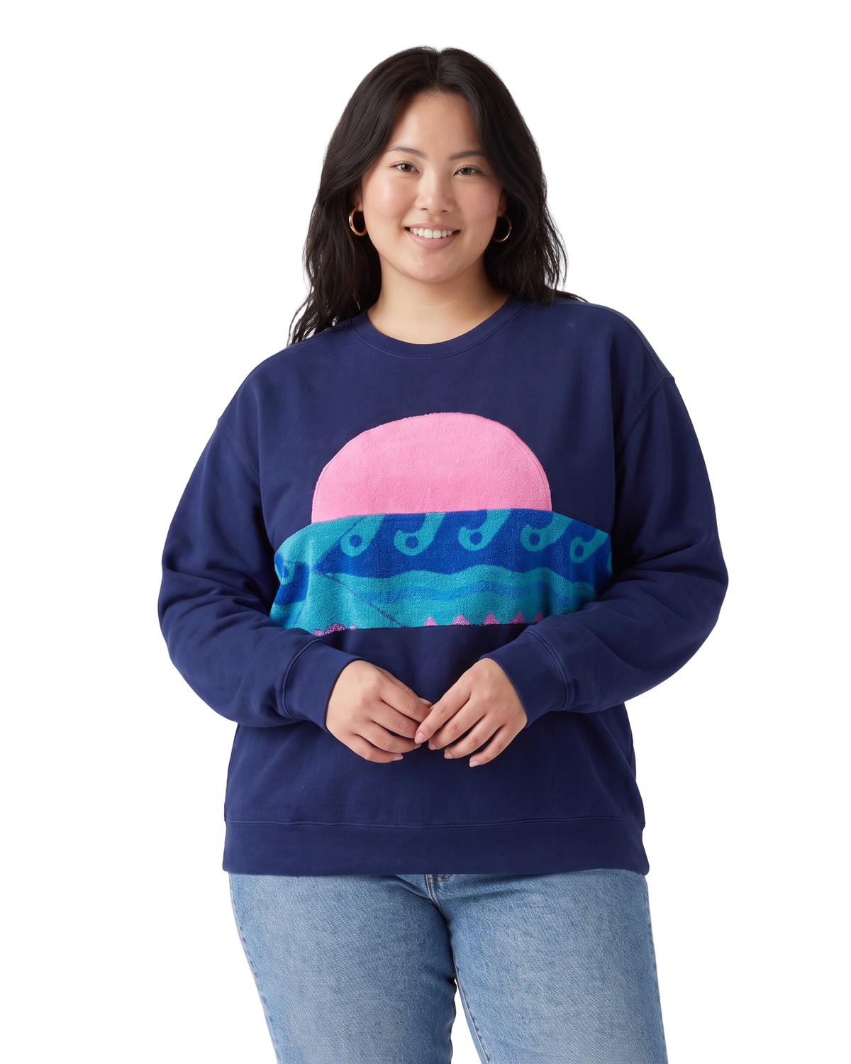 X-Large Navy Sunset Chaser "Pink Sea Horizon" — one-of-a-kind upcycled vintage beach towel sweatshirt, handmade by Kspek, view 2
