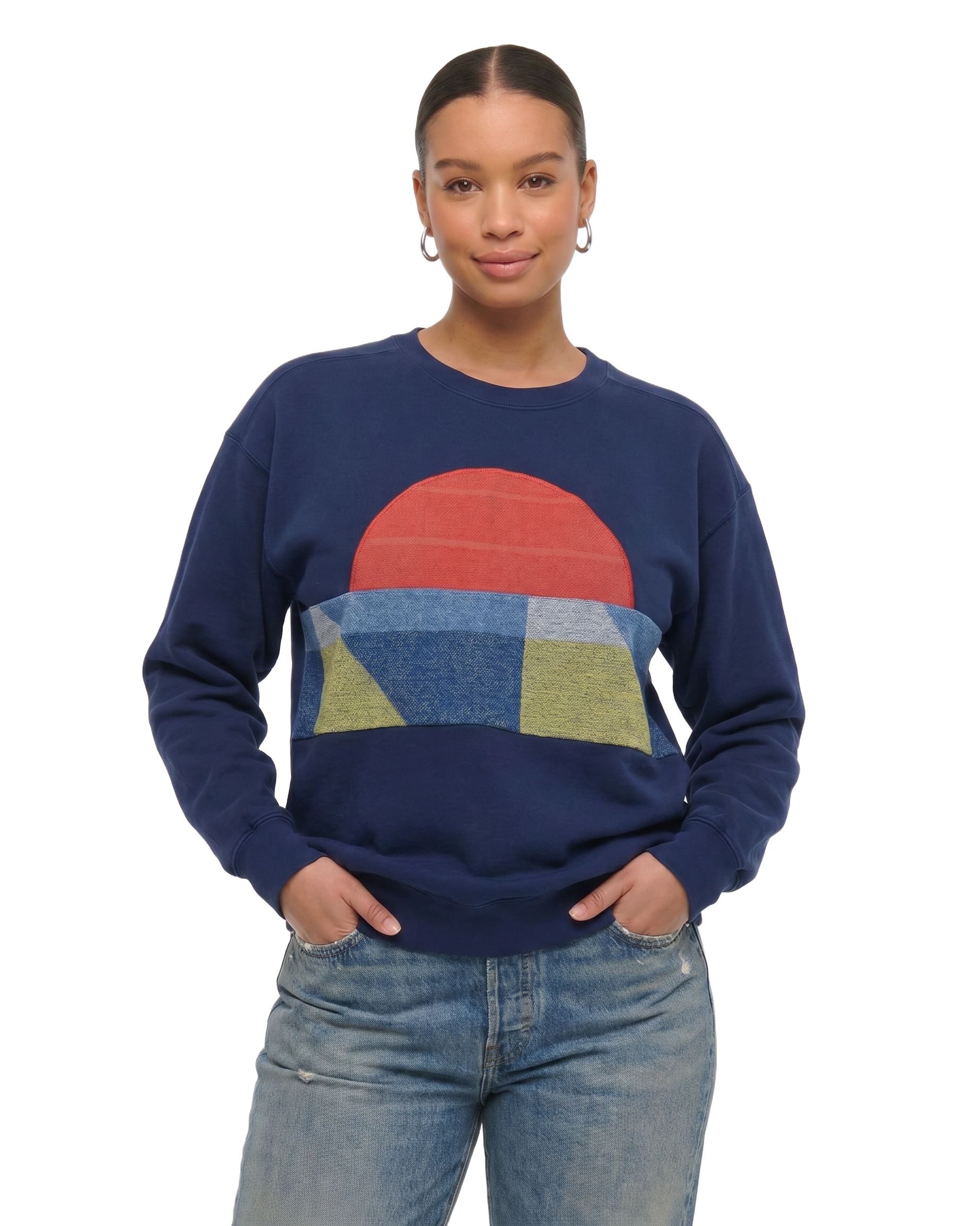 Large Navy Sunset Chaser "Coastal Colors" — one-of-a-kind upcycled vintage beach towel sweatshirt, handmade by Kspek