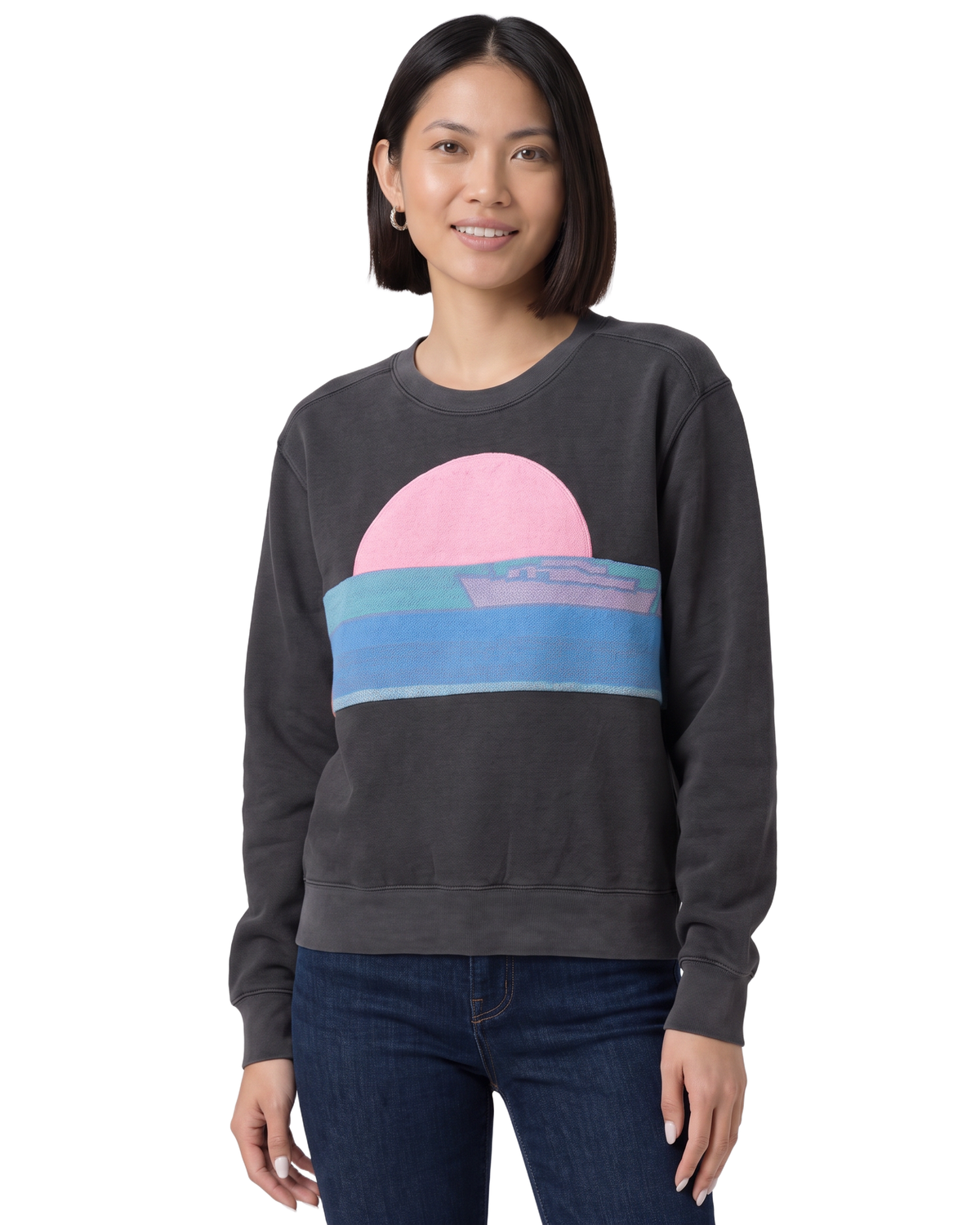 Small Pepper Sunset Chaser "Pink Dawn Curve" — one-of-a-kind upcycled vintage beach towel sweatshirt, handmade by Kspek, view 2