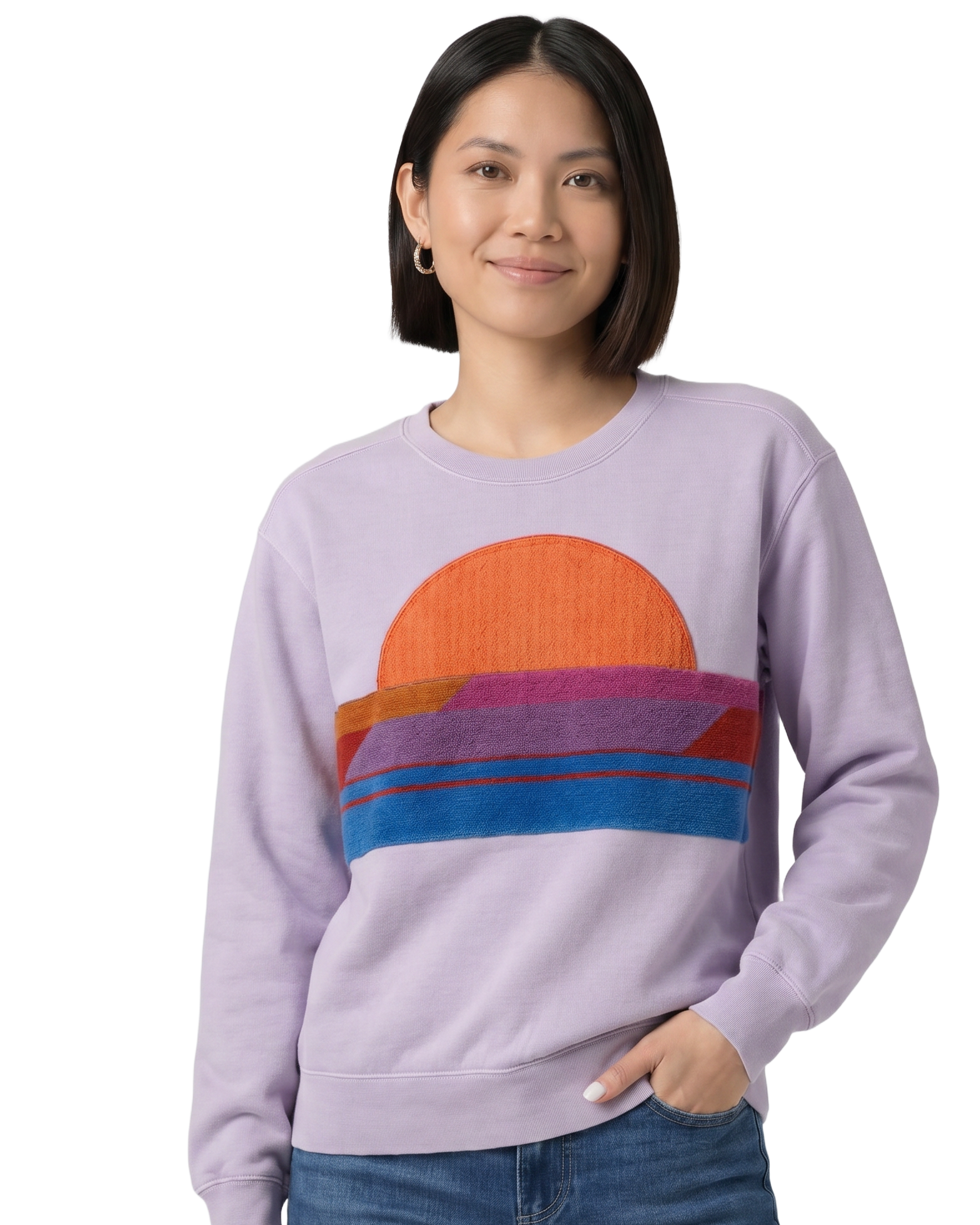 Small Lavender Sunset Chaser "Desert Dreamscape" — one-of-a-kind upcycled vintage beach towel sweatshirt, handmade by Kspek