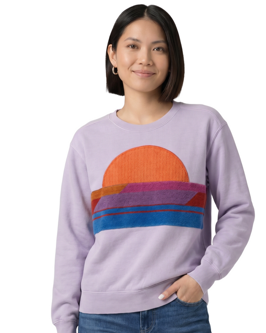 Small Lavender Sunset Chaser "Desert Dreamscape" — one-of-a-kind upcycled vintage beach towel sweatshirt, handmade by Kspek