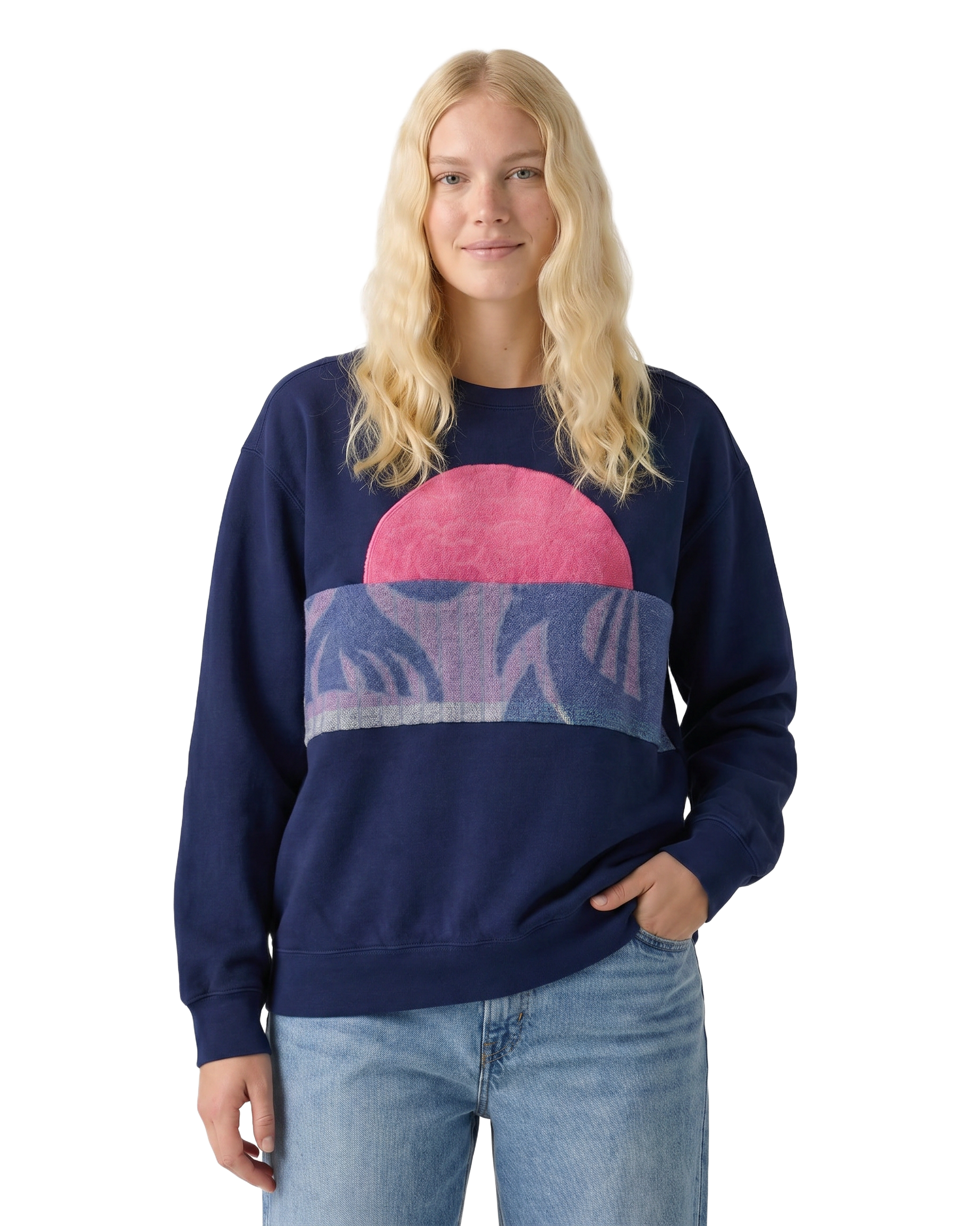 Medium Navy Sunset Chaser "Horizon Daze" — one-of-a-kind upcycled vintage beach towel sweatshirt, handmade by Kspek