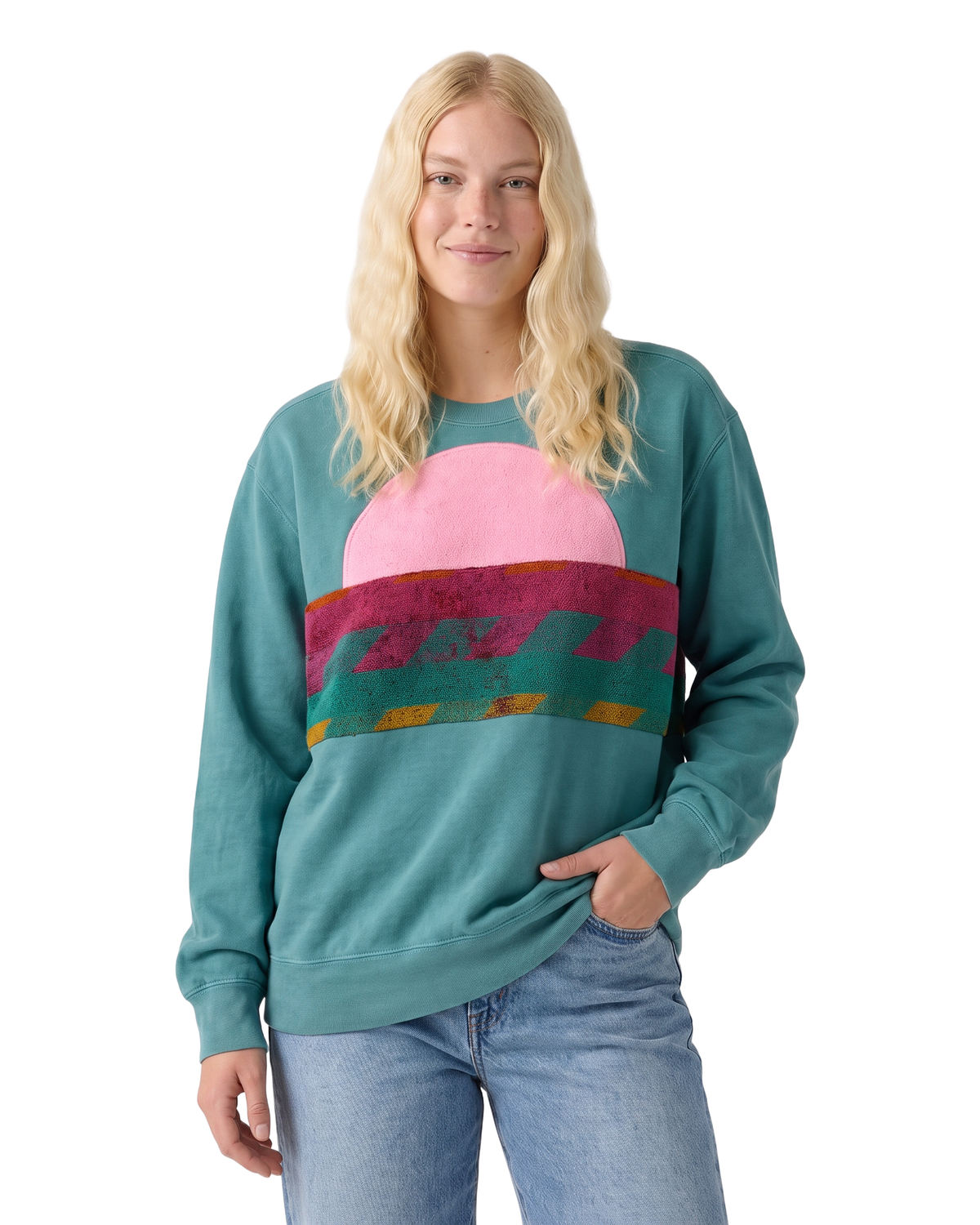 Medium Light Jade Sunset Chaser "Zigzag Sunset" — one-of-a-kind upcycled vintage beach towel sweatshirt, handmade by Kspek, view 2