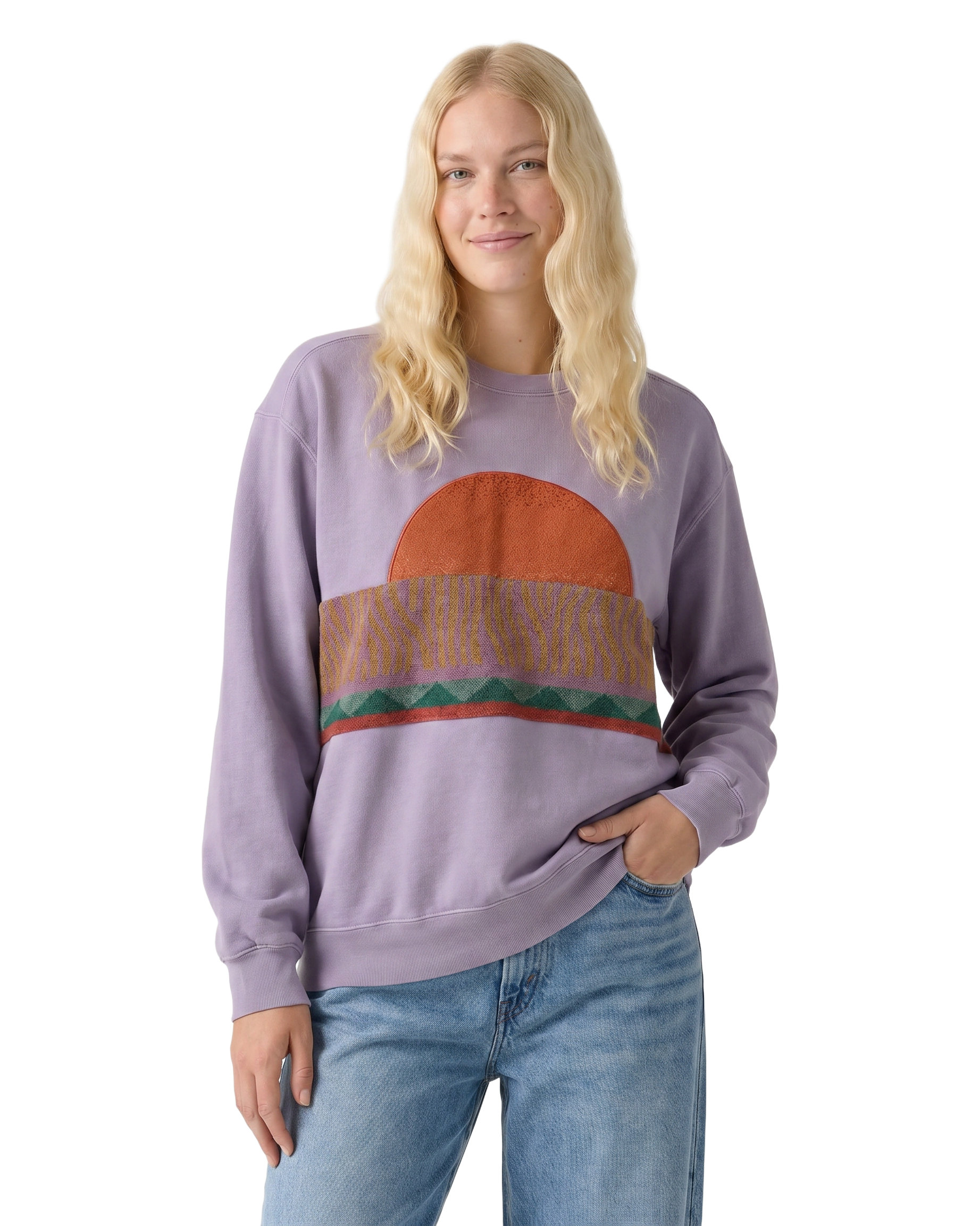 Medium Lavender Sunset Chaser "Coastal Sunrise" — one-of-a-kind upcycled vintage beach towel sweatshirt, handmade by Kspek