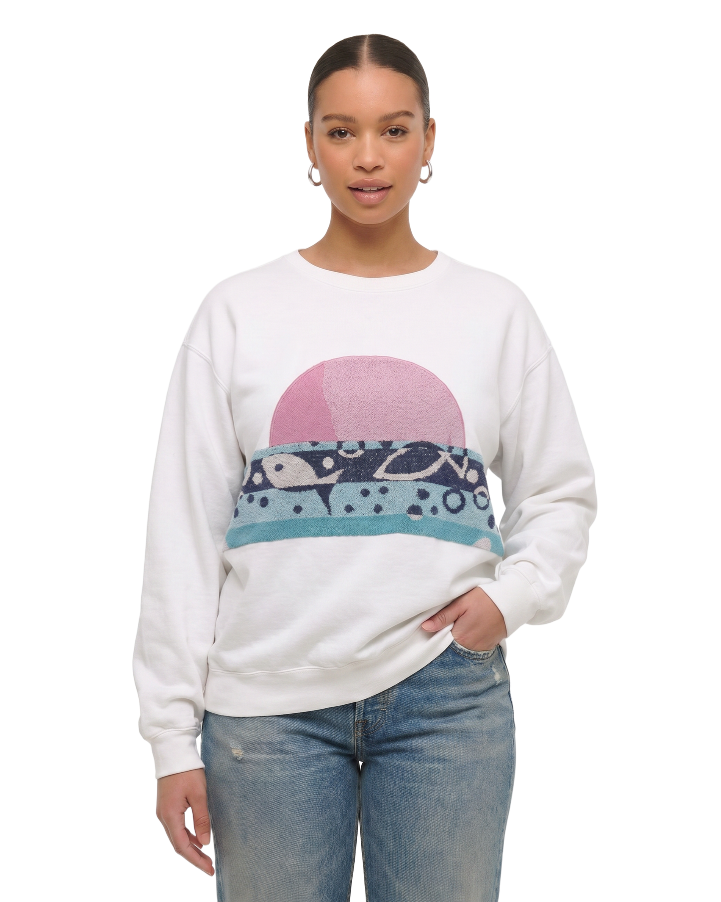 Large White Sunset Chaser "Retro Wavefront" — one-of-a-kind upcycled vintage beach towel sweatshirt, handmade by Kspek
