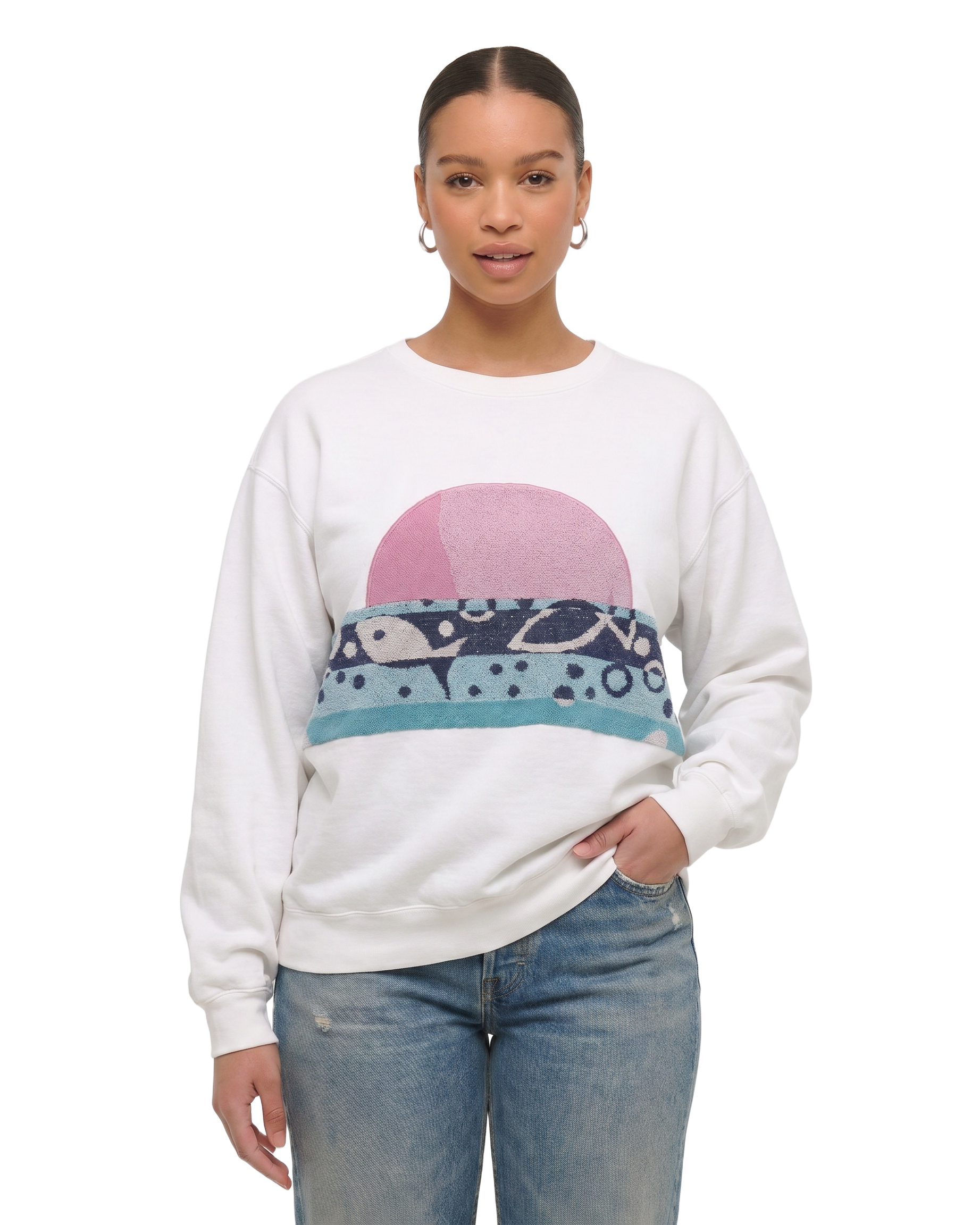 Large White Sunset Chaser "Retro Wavefront" — one-of-a-kind upcycled vintage beach towel sweatshirt, handmade by Kspek