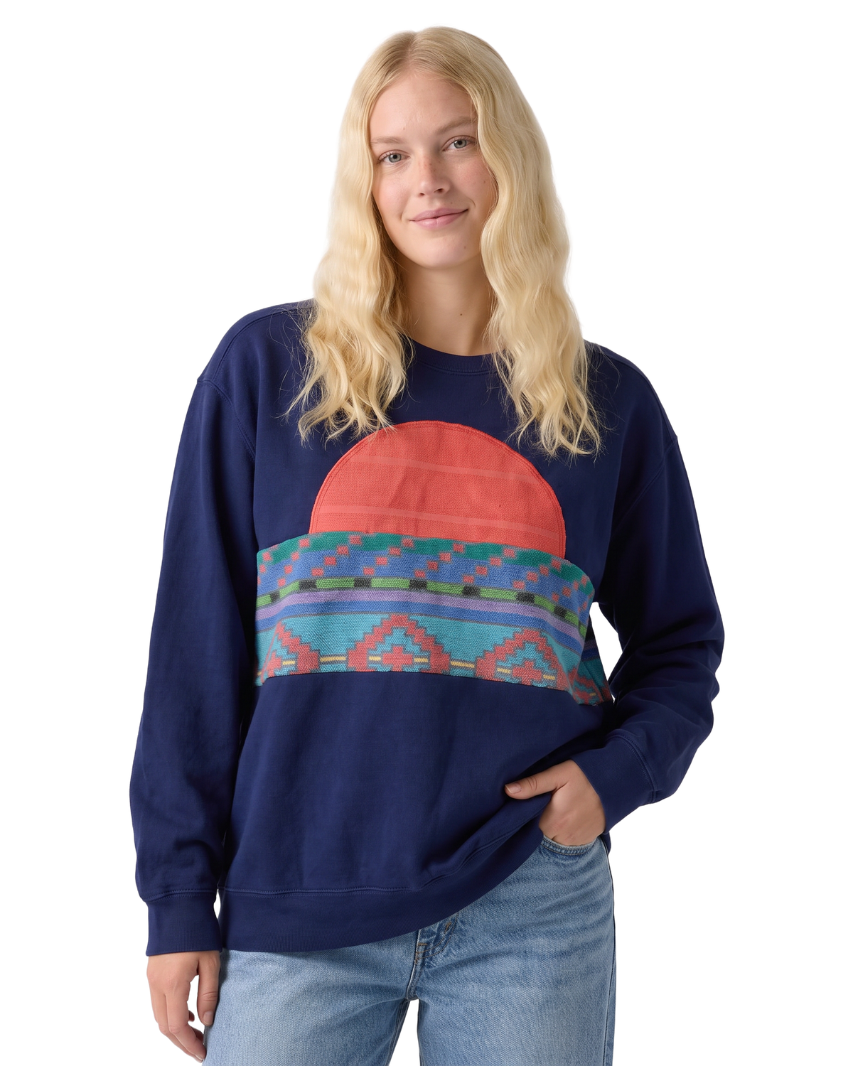 Medium Navy Sunset Chaser "Southwestern Sunrise" — one-of-a-kind upcycled vintage beach towel sweatshirt, handmade by Kspek, view 2