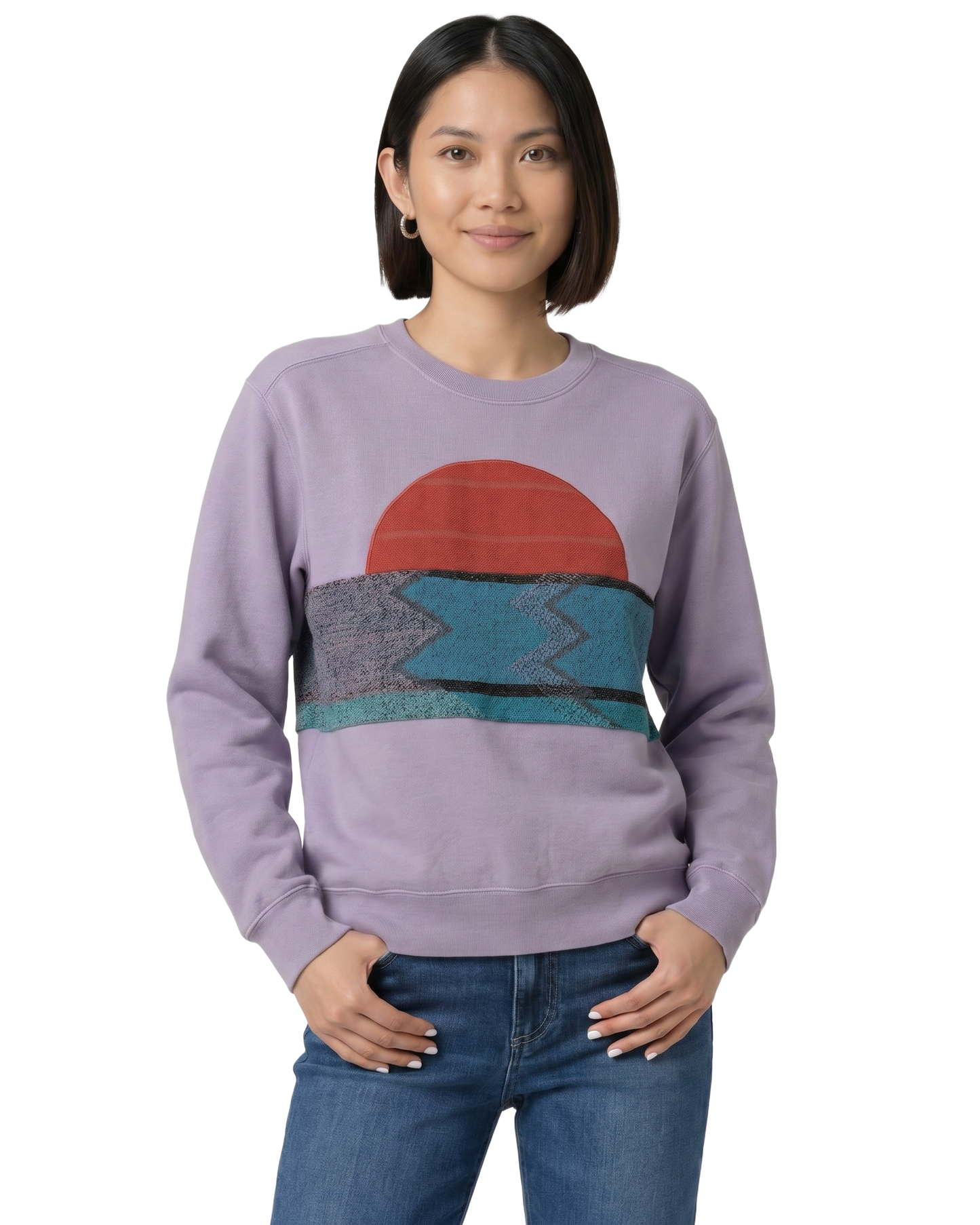 Small Lavender Sunset Chaser "Horizon Vibes" — one-of-a-kind upcycled vintage beach towel sweatshirt, handmade by Kspek