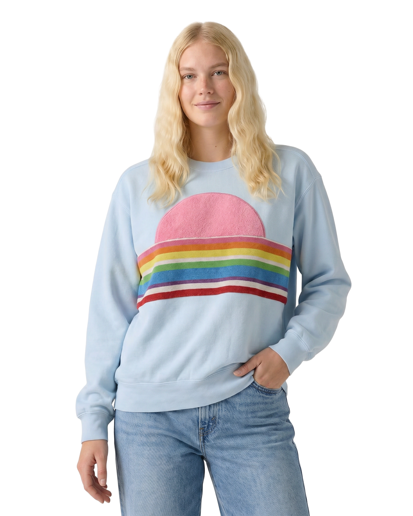 Medium Aqua Sunset Chaser "Vibrant Horizon" — one-of-a-kind upcycled vintage beach towel sweatshirt, handmade by Kspek