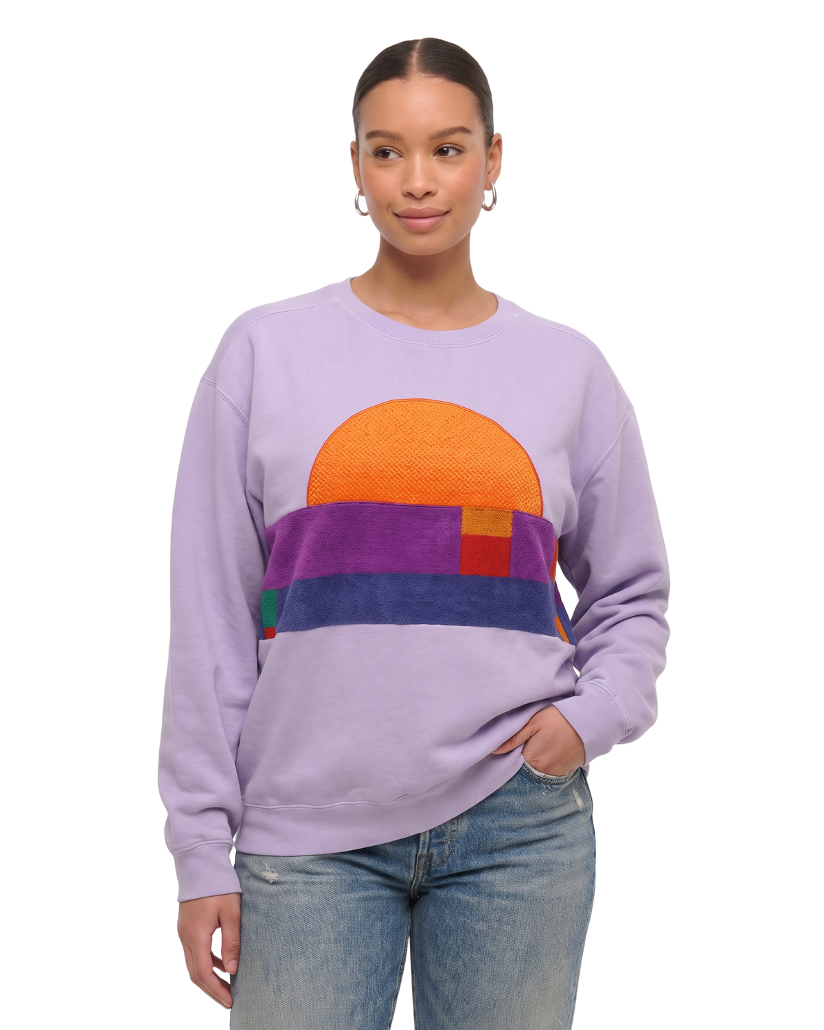 Large Lavender Sunset Chaser "Geometric Sunscape" — one-of-a-kind upcycled vintage beach towel sweatshirt, handmade by Kspek, view 2