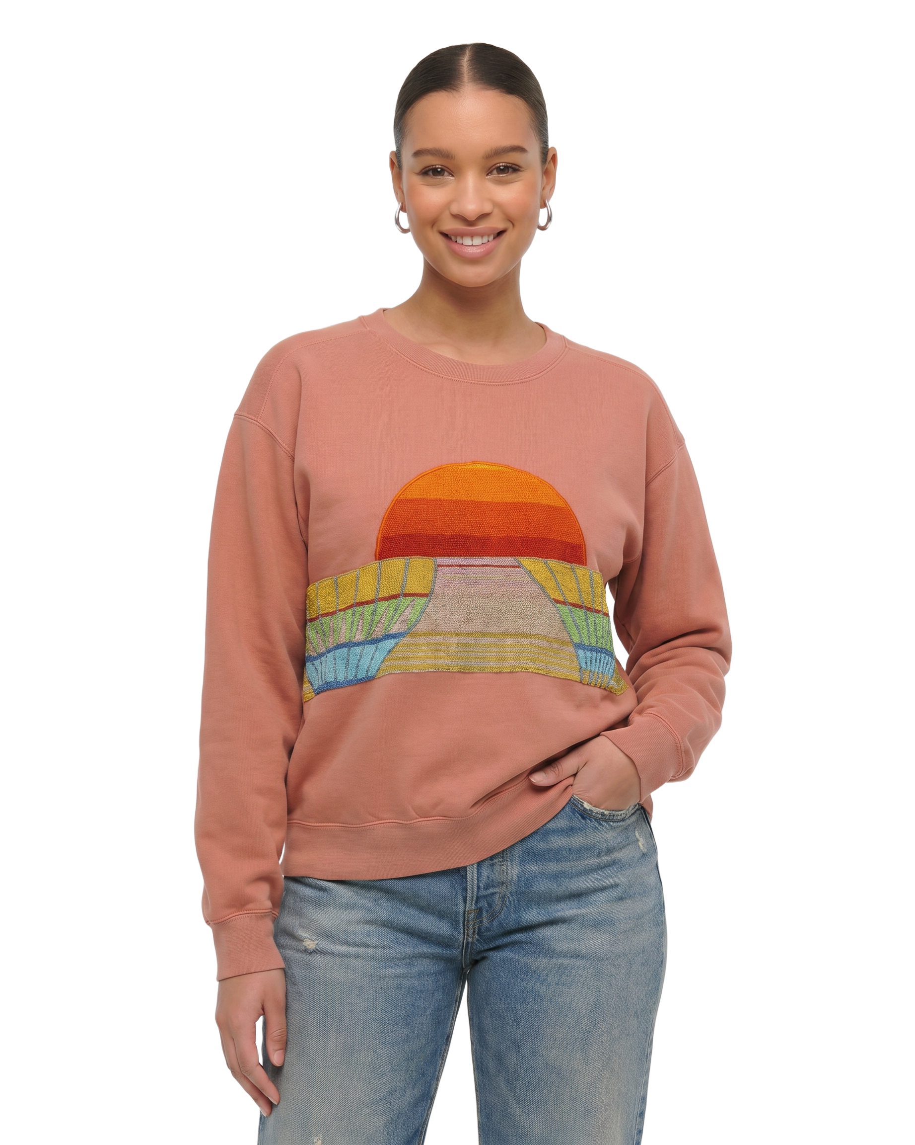 Large Terracotta Sunset Chaser "Desert Dusk" — one-of-a-kind upcycled vintage beach towel sweatshirt, handmade by Kspek