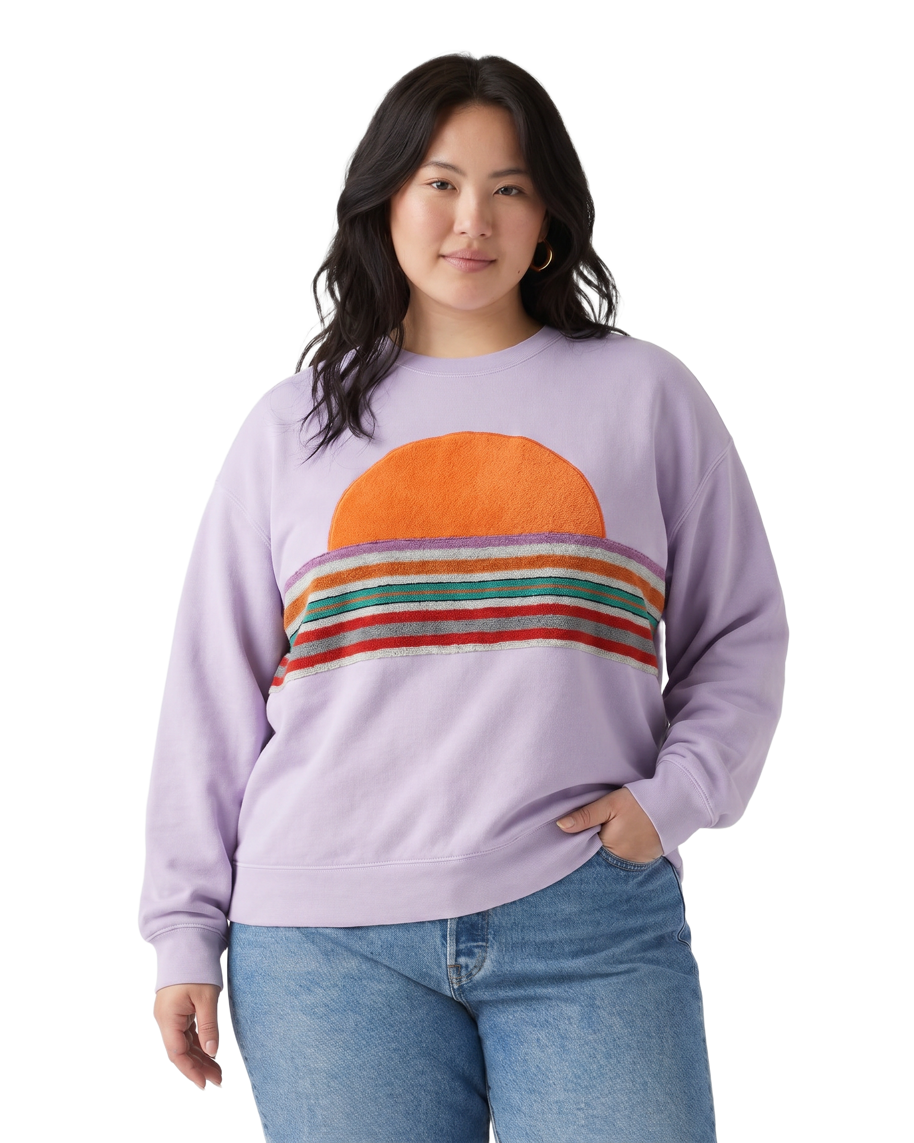 X-Large Lavender Sunset Chaser "Retro Sunscape" — one-of-a-kind upcycled vintage beach towel sweatshirt, handmade by Kspek