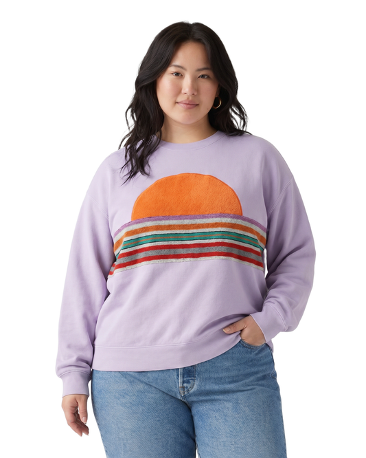 X-Large Lavender Sunset Chaser "Retro Sunscape" — one-of-a-kind upcycled vintage beach towel sweatshirt, handmade by Kspek