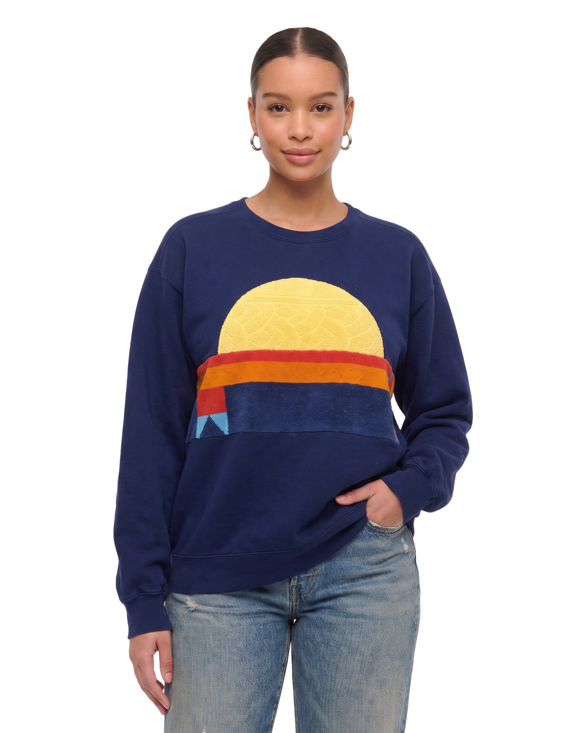 Large Navy Sunset Chaser "Geometric Sunrise" — one-of-a-kind upcycled vintage beach towel sweatshirt, handmade by Kspek, view 2