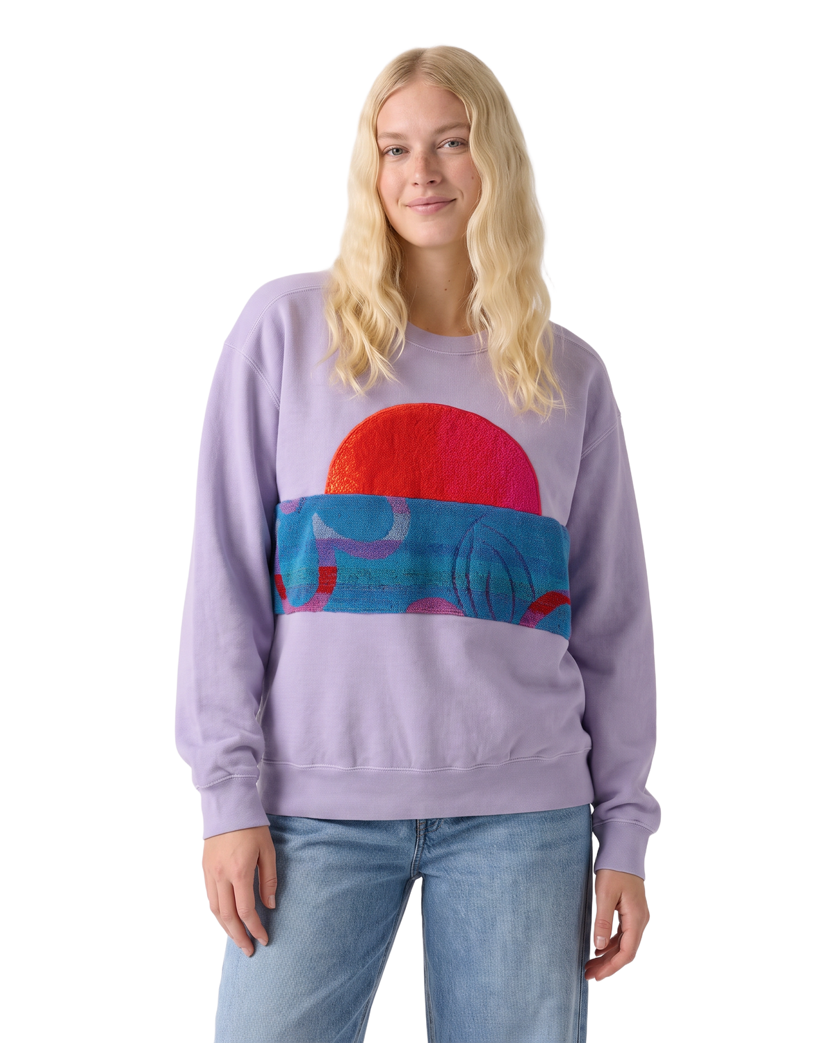 Medium Lavender Sunset Chaser "Crimson Eclipse" — one-of-a-kind upcycled vintage beach towel sweatshirt, handmade by Kspek, view 2