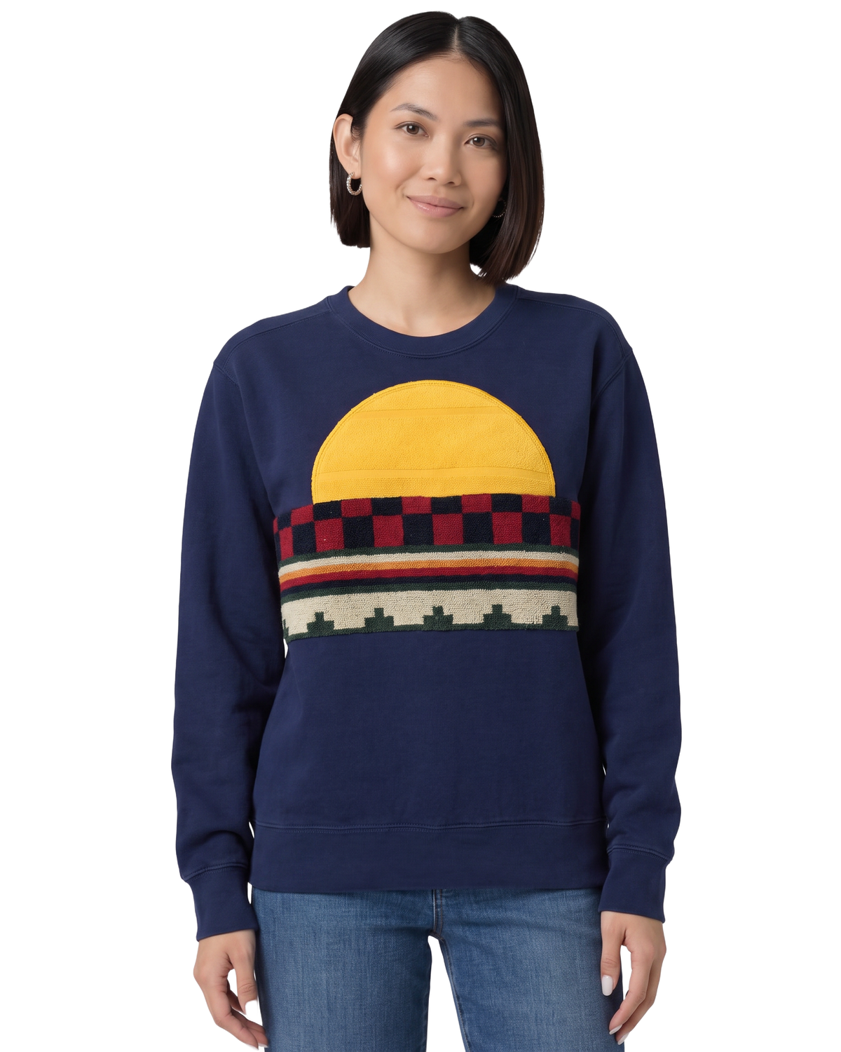 Small Navy Sunset Chaser "Sunset Checkers" — one-of-a-kind upcycled vintage beach towel sweatshirt, handmade by Kspek, view 2