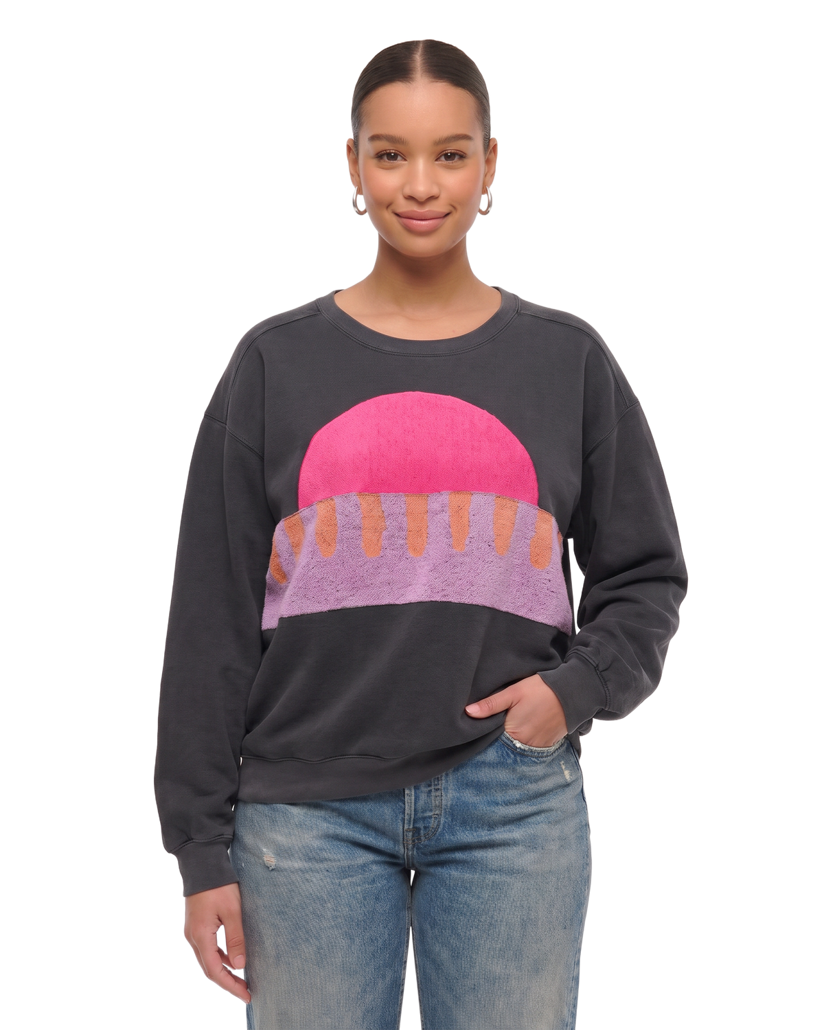 Large Pepper Sunset Chaser "Crimson Ridge" — one-of-a-kind upcycled vintage beach towel sweatshirt, handmade by Kspek, view 2