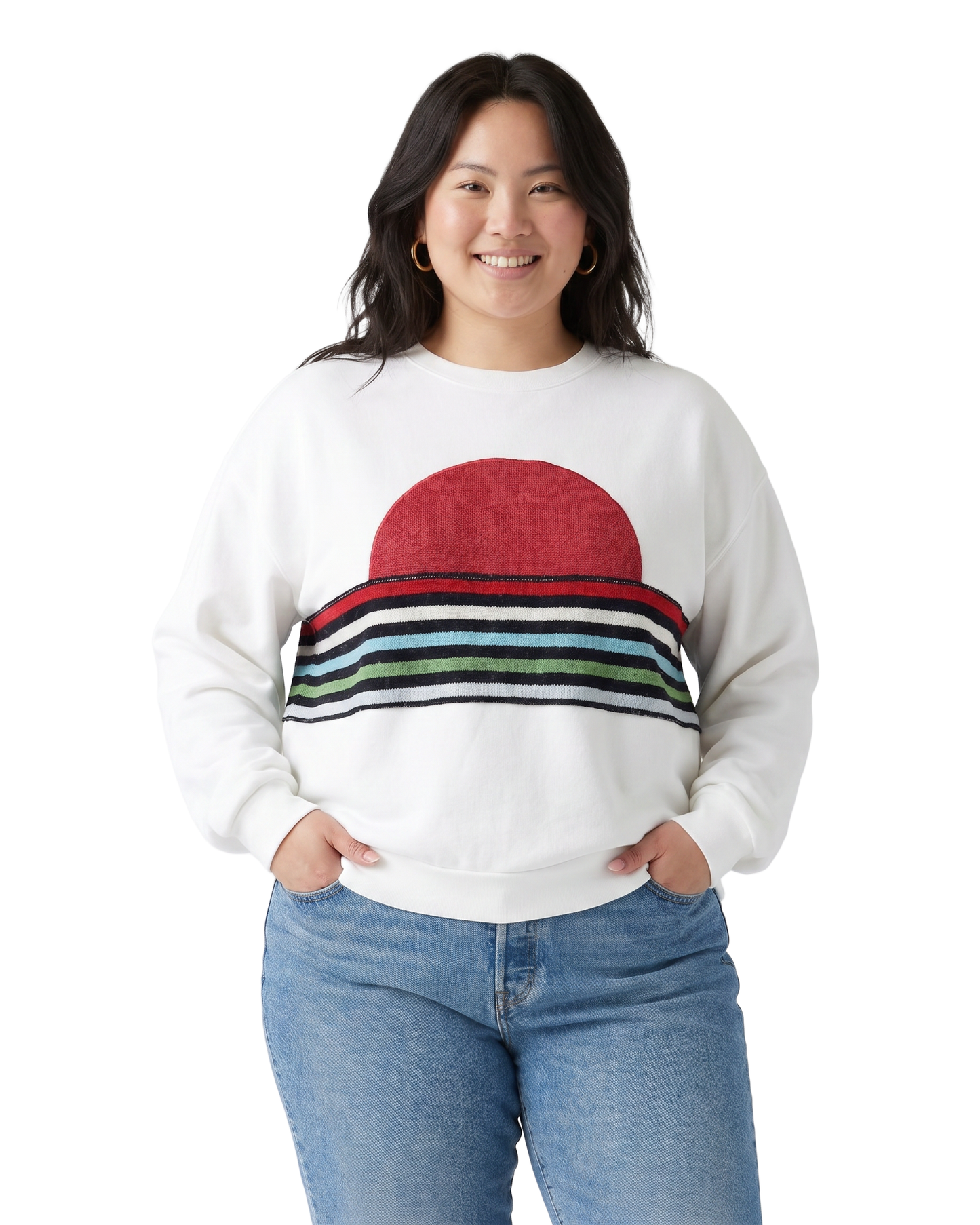 X-Large White Sunset Chaser "Coastal Horizon" — one-of-a-kind upcycled vintage beach towel sweatshirt, handmade by Kspek