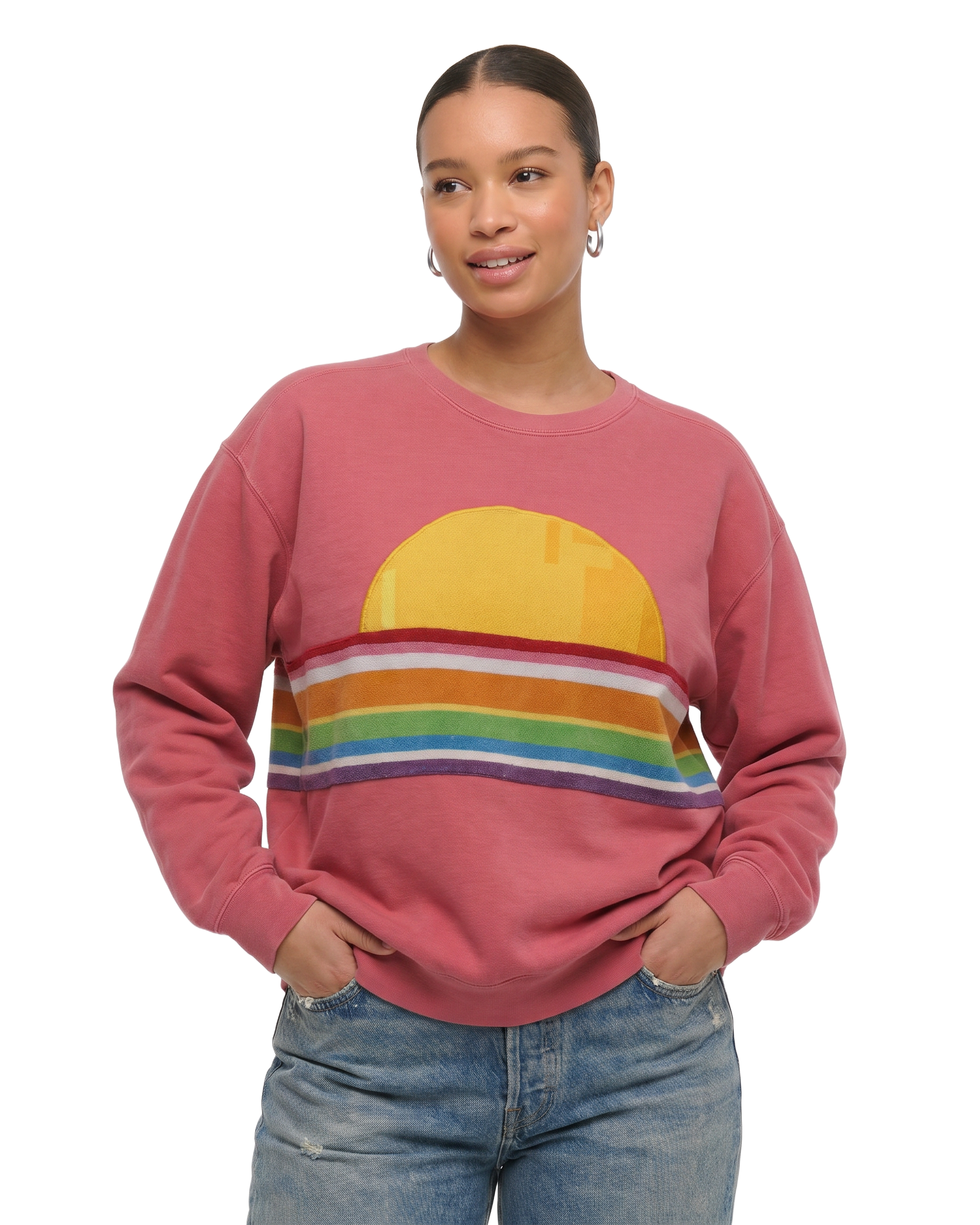Large Watermelon Sunset Chaser "Retro Radiance" — one-of-a-kind upcycled vintage beach towel sweatshirt, handmade by Kspek