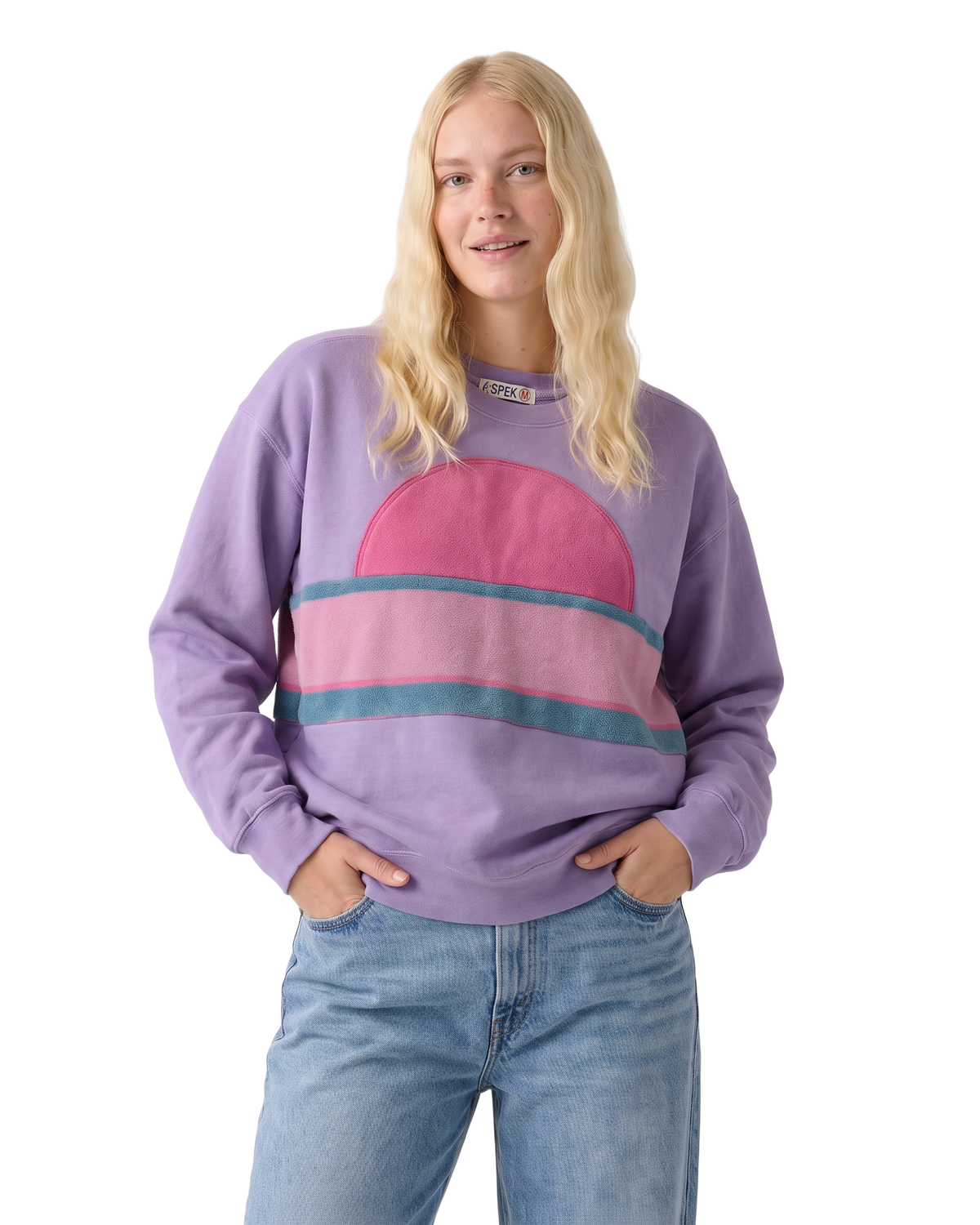 Medium Lavender Sunset Chaser "Berry Dusk Horizon" — one-of-a-kind upcycled vintage beach towel sweatshirt, handmade by Kspek, view 2