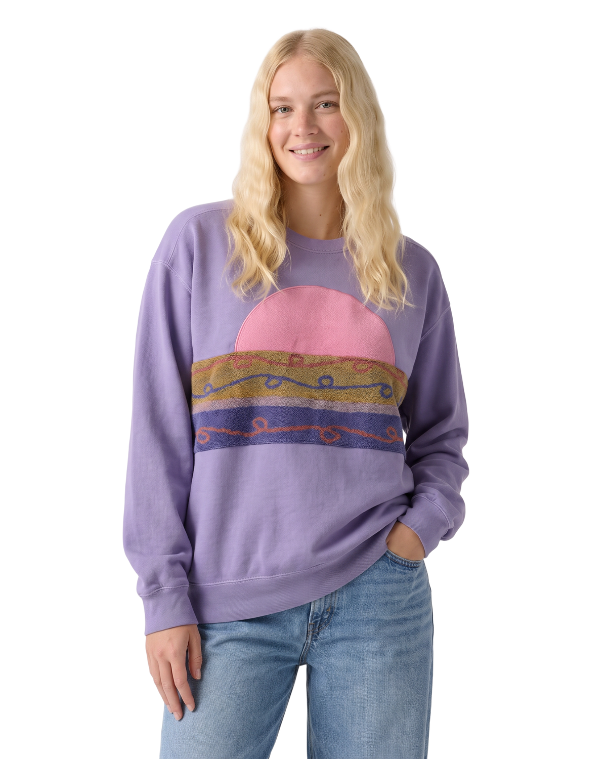 Medium Lavender Sunset Chaser "Rosy Horizon Layers" — one-of-a-kind upcycled vintage beach towel sweatshirt, handmade by Kspek, view 2
