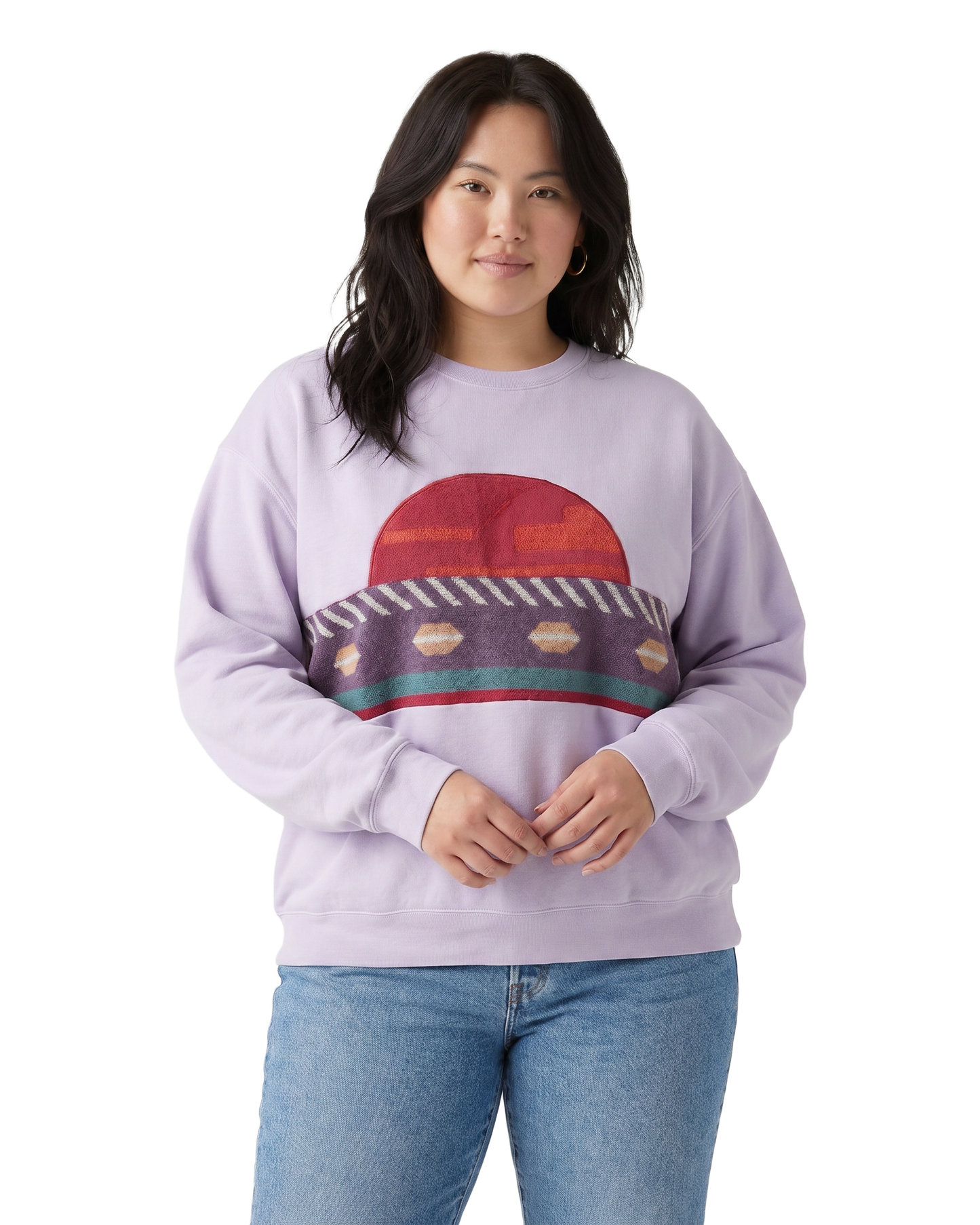 X-Large Lavender Sunset Chaser "Desert Sunset" — one-of-a-kind upcycled vintage beach towel sweatshirt, handmade by Kspek