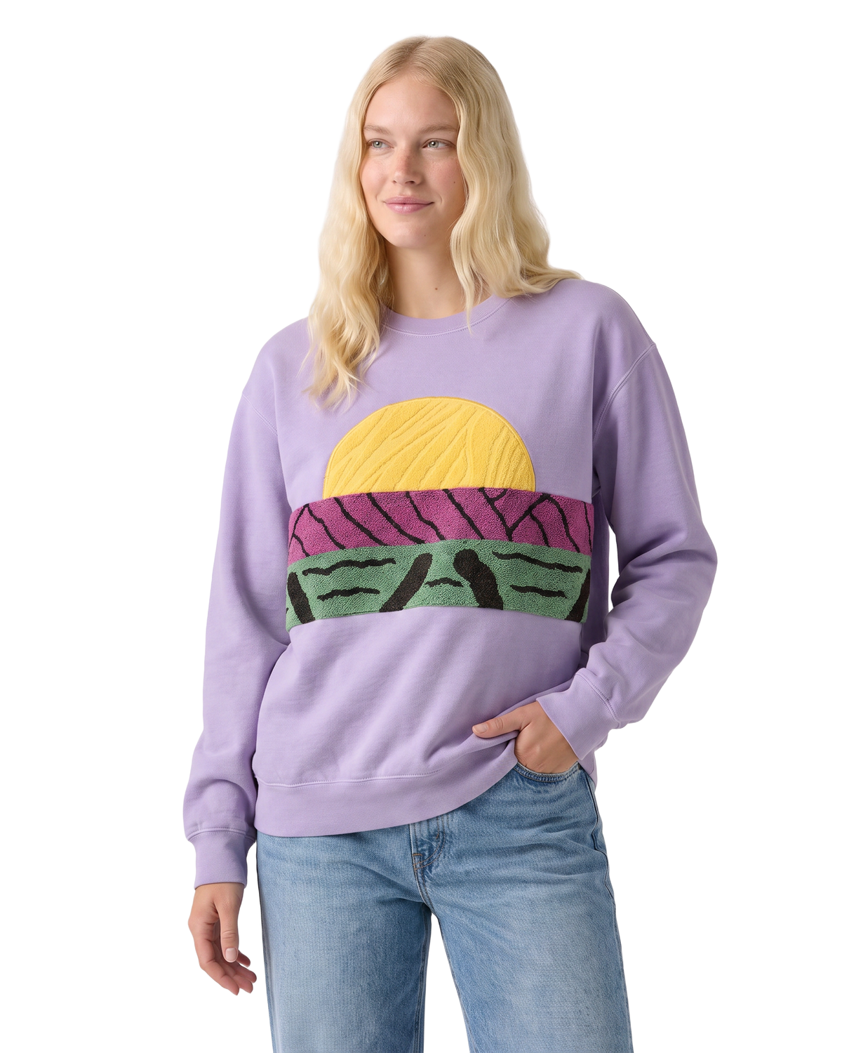 Medium Lavender Sunset Chaser "Savanna Sunrise" — one-of-a-kind upcycled vintage beach towel sweatshirt, handmade by Kspek, view 2