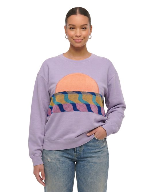Large Lavender Sunset Chaser "Retro Wave" — one-of-a-kind upcycled vintage beach towel sweatshirt, handmade by Kspek