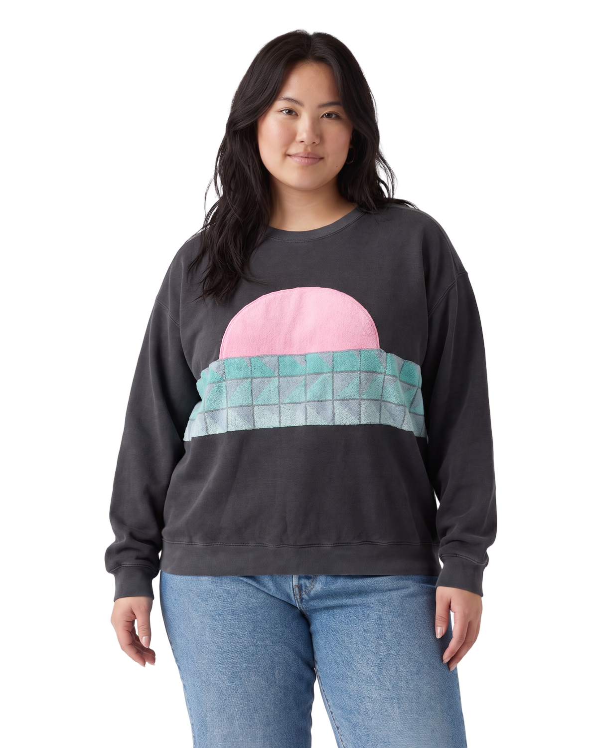 X-Large Pepper Sunset Chaser "Pastel Mosaic Dawn" — one-of-a-kind upcycled vintage beach towel sweatshirt, handmade by Kspek, view 2