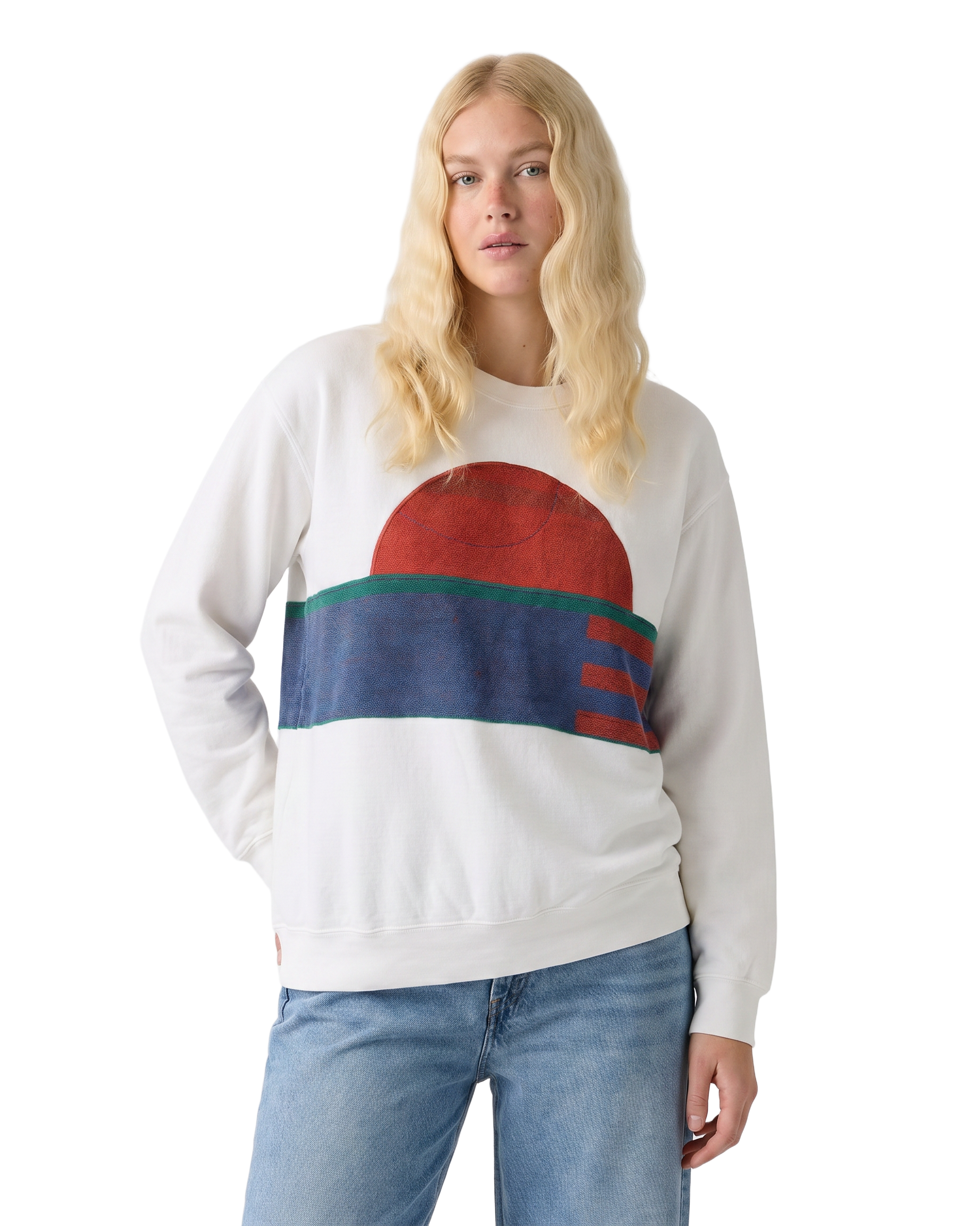 Medium White Sunset Chaser "Horizon Chill" — one-of-a-kind upcycled vintage beach towel sweatshirt, handmade by Kspek