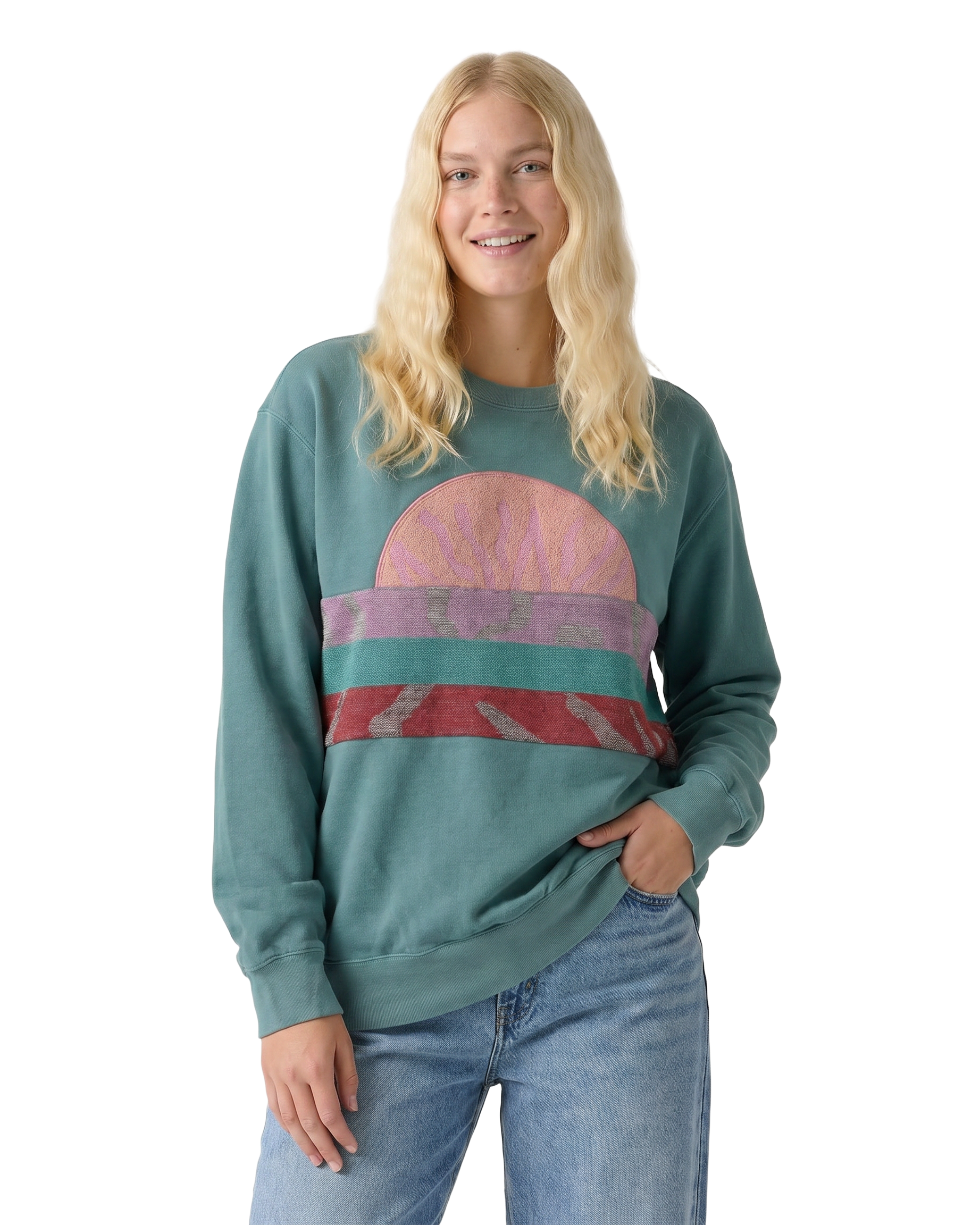Medium Light Jade Sunset Chaser "Coastal Sunrise" — one-of-a-kind upcycled vintage beach towel sweatshirt, handmade by Kspek