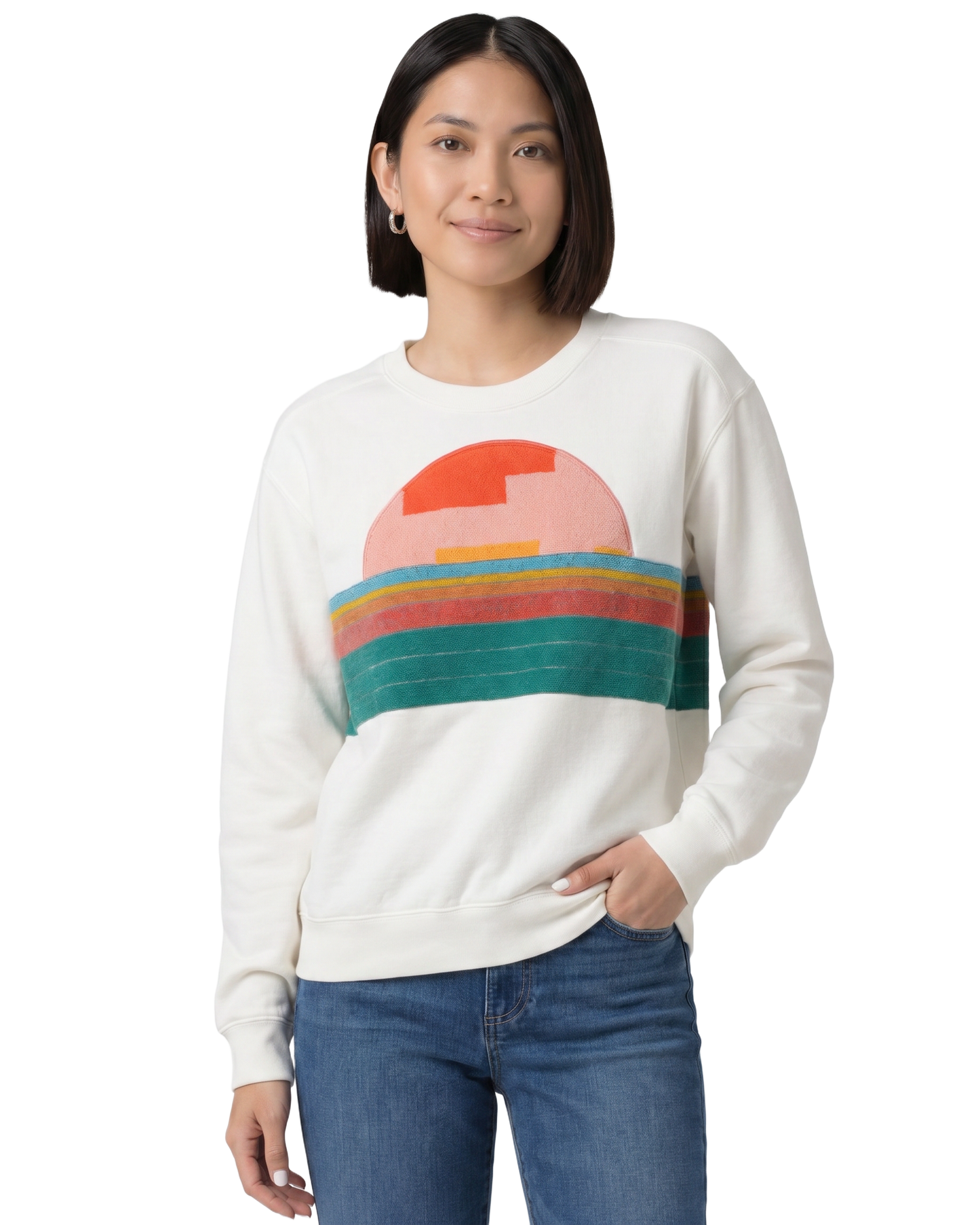 Small White Sunset Chaser "Vintage Shoreline" — one-of-a-kind upcycled vintage beach towel sweatshirt, handmade by Kspek